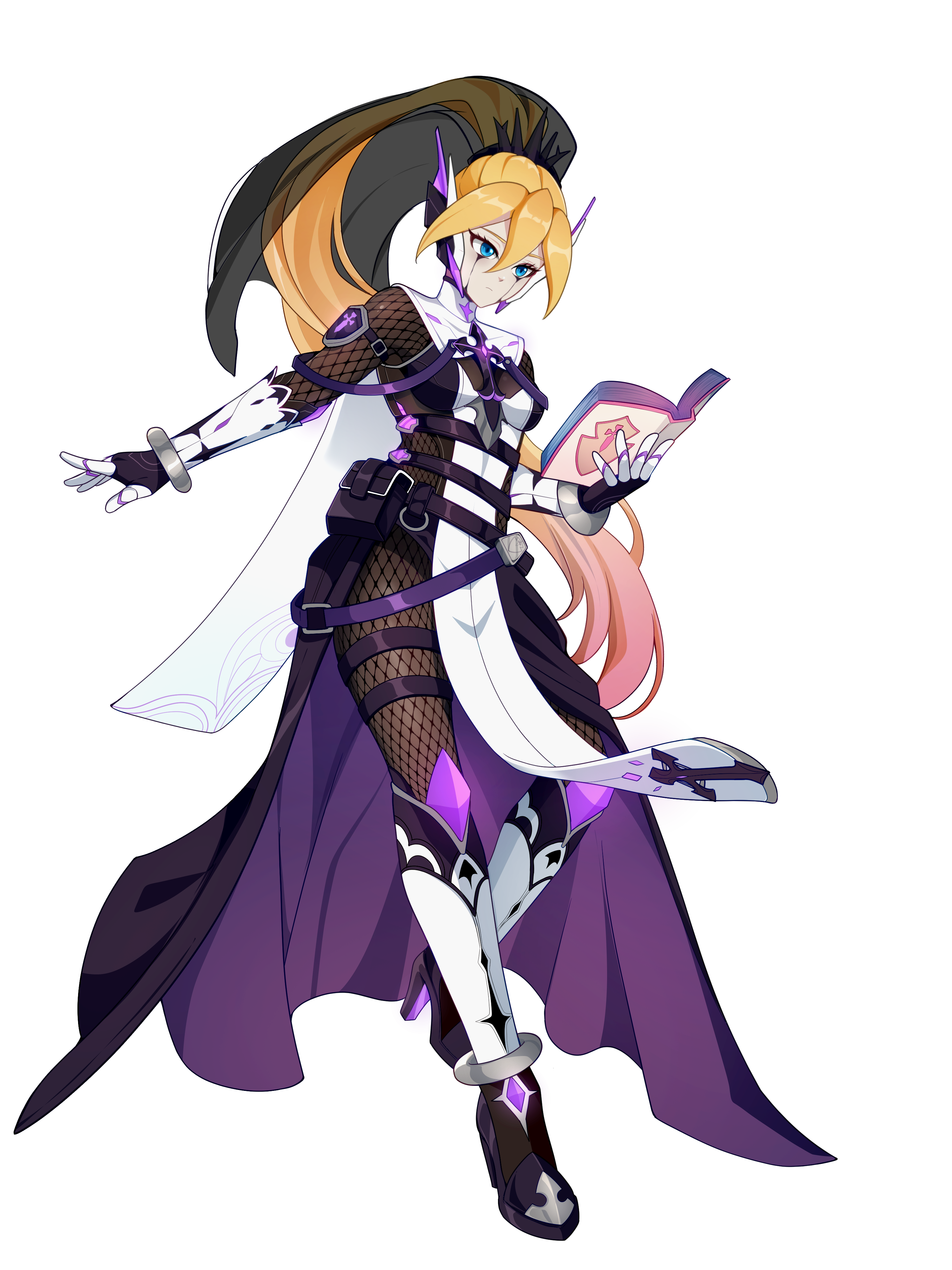 chiara (black survival), ciel (mega man), black survival, eternal return: black survival, mega man (series), mega man zero (series), mega man zx, absurdres, highres, non-web source, 1girl, alternate costume, arm belt, armored boots, armored gloves, belt, biometal, black eyeliner, blonde hair, bodystocking, book, boots, breasts, cross, crucifix, dress, elbow gloves, eyelashes, eyeliner, fishnet bodystocking, fishnets, full body, gloves, high heel boots, high heels, holding, holding book, knee armor, knee boots, long bangs, long hair, makeup, mechanical ears, multicolored hair, multiple belts, pink hair, ponytail, pouch, runny makeup, small breasts, solo, thigh strap, transparent background, two-tone hair, veil