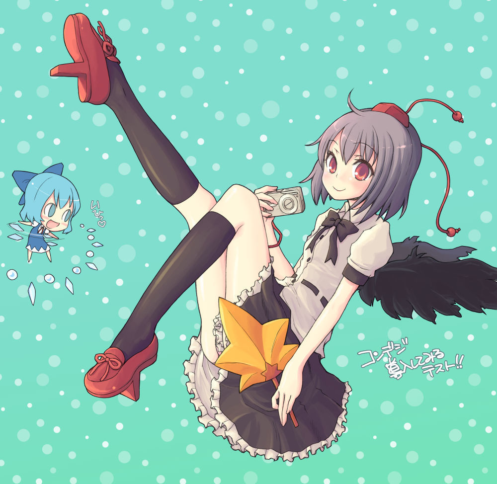 kimarin, cirno, nonowa, shameimaru aya, touhou, translation request, 2girls, black hair, black wings, blue eyes, blue hair, camera, female focus, geta, hand fan, hat, kneehighs, multiple girls, red eyes, socks, tengu-geta, tokin hat, wings