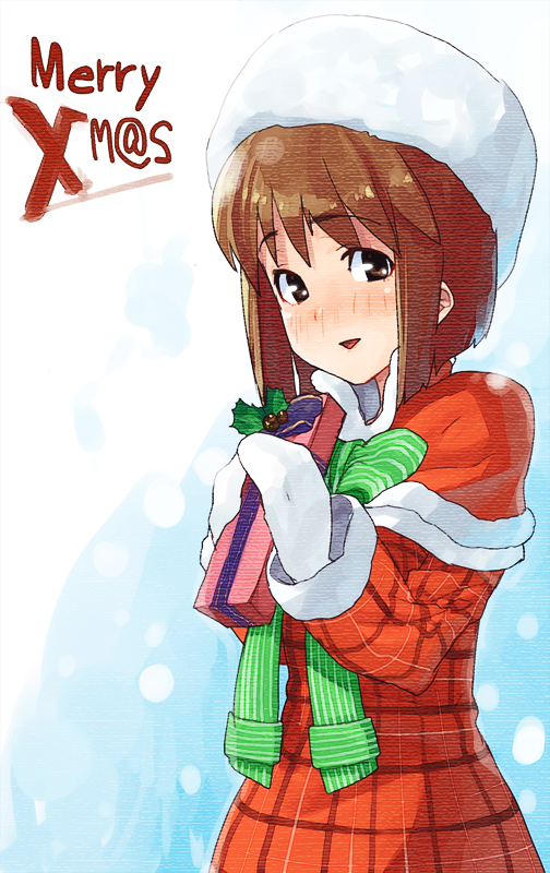 shue, hagiwara yukiho, idolmaster, idolmaster (classic), 00s, 1girl, blush, bob cut, capelet, christmas, female focus, fur hat, gift, hat, holding, holding gift, light smile, looking at viewer, mittens, santa costume, scarf, shy, snow, solo, texture, white mittens