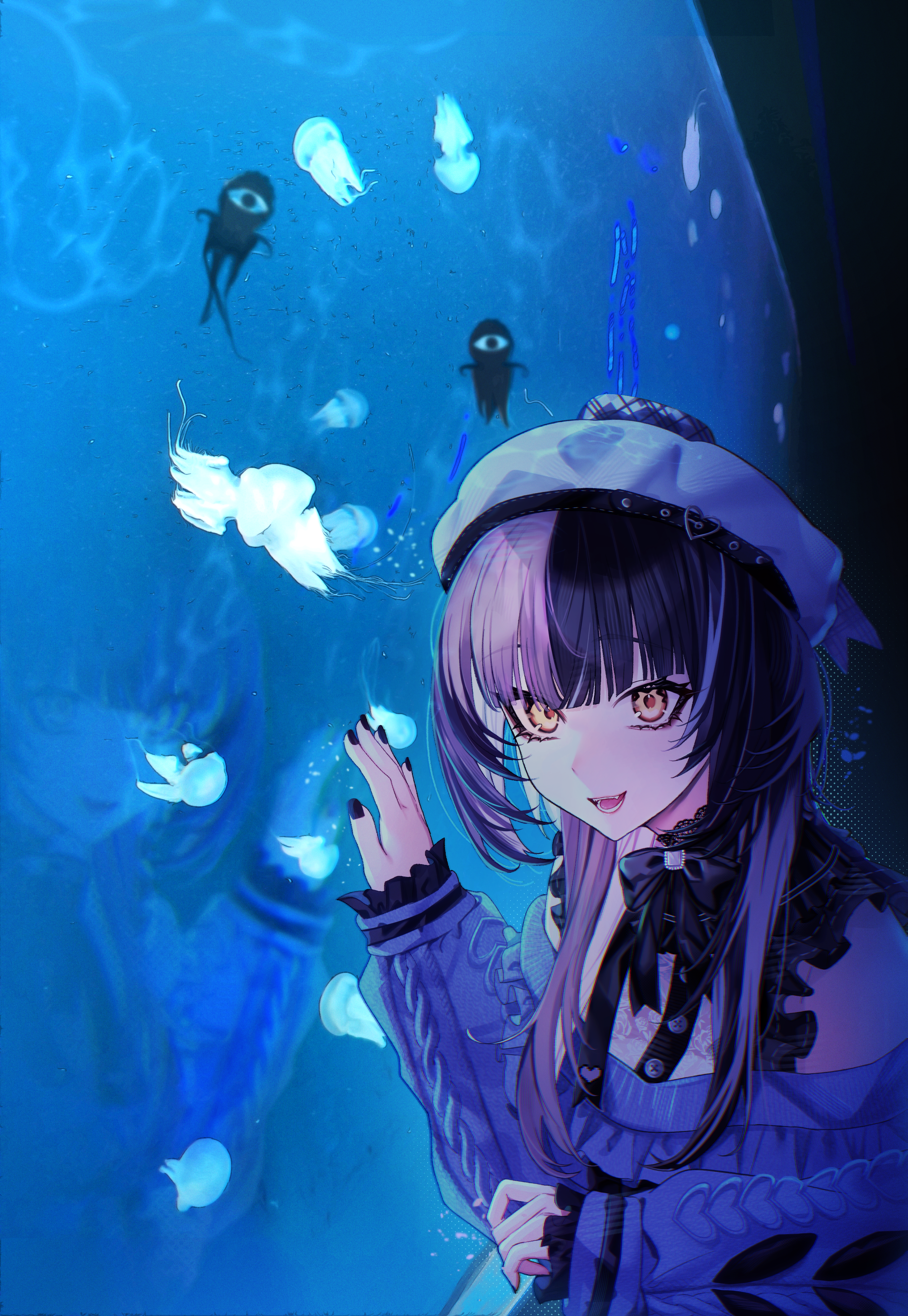 higeji (higeji404), shiori novella, hololive, hololive english, absurdres, highres, 1girl, aquarium, black hair, black nails, choker, dress, grey hair, hat, jellyfish, lace, lace choker, lace trim, long hair, looking at viewer, multicolored hair, nail polish, off shoulder, open mouth, smile, solo, split-color hair, two-tone hair, upper body, virtual youtuber, yellow eyes
