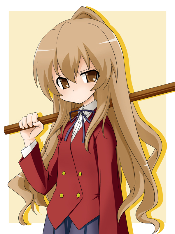 kou (pixiv51406), takami ryou, aisaka taiga, toradora!, 00s, 1girl, blouse, bokken, brown eyes, brown hair, collared shirt, female focus, hair between eyes, long hair, outside border, school uniform, shirt, solo, sword, weapon, white shirt, wooden sword