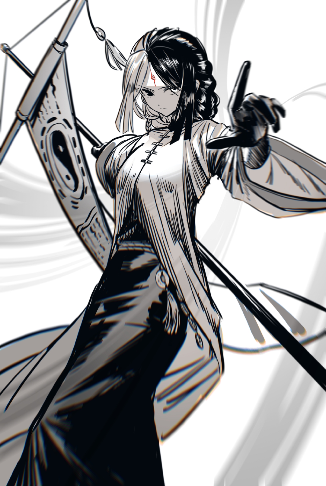 wangmou zilaojuan, original, chinese commentary, commentary, highres, 1girl, banner, black eyes, black gloves, black hair, braid, chinese clothes, coat, facial mark, forehead, forehead mark, gloves, greyscale, heterochromia, hobble skirt, holding banner, long hair, looking at viewer, monochrome, multicolored hair, parted bangs, red eyes, rope belt, sideways glance, simple background, solo, split-color hair, spot color, white hair, wide sleeves, wuxia, yin yang
