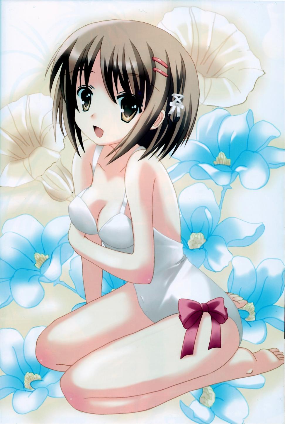 yoshida kazumi, shakugan no shana, highres, non-web source, 00s, 1girl, barefoot, bow, breasts, brown eyes, brown hair, cleavage, feet, female focus, flower, hair ornament, hairclip, happy, medium breasts, one-piece swimsuit, short hair, smile, solo, swimsuit
