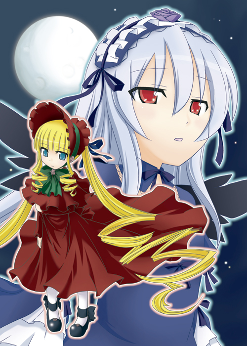kou (pixiv51406), takami ryou, shinku, suigintou, rozen maiden, silver hair, 00s, 2girls, blonde hair, blue eyes, bonnet, dress, drill hair, hairband, long hair, moon, multiple girls, red eyes, twintails, wings