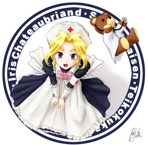 iris chateaubriand, jean-paul, jean paul, sakura taisen, lowres, non-web source, 00s, 1girl, blonde hair, blue eyes, doctor, dress, female focus, long hair, looking at viewer, nurse, round image, short hair, simple background, smile, solo, stuffed animal, stuffed toy, teddy bear, white background