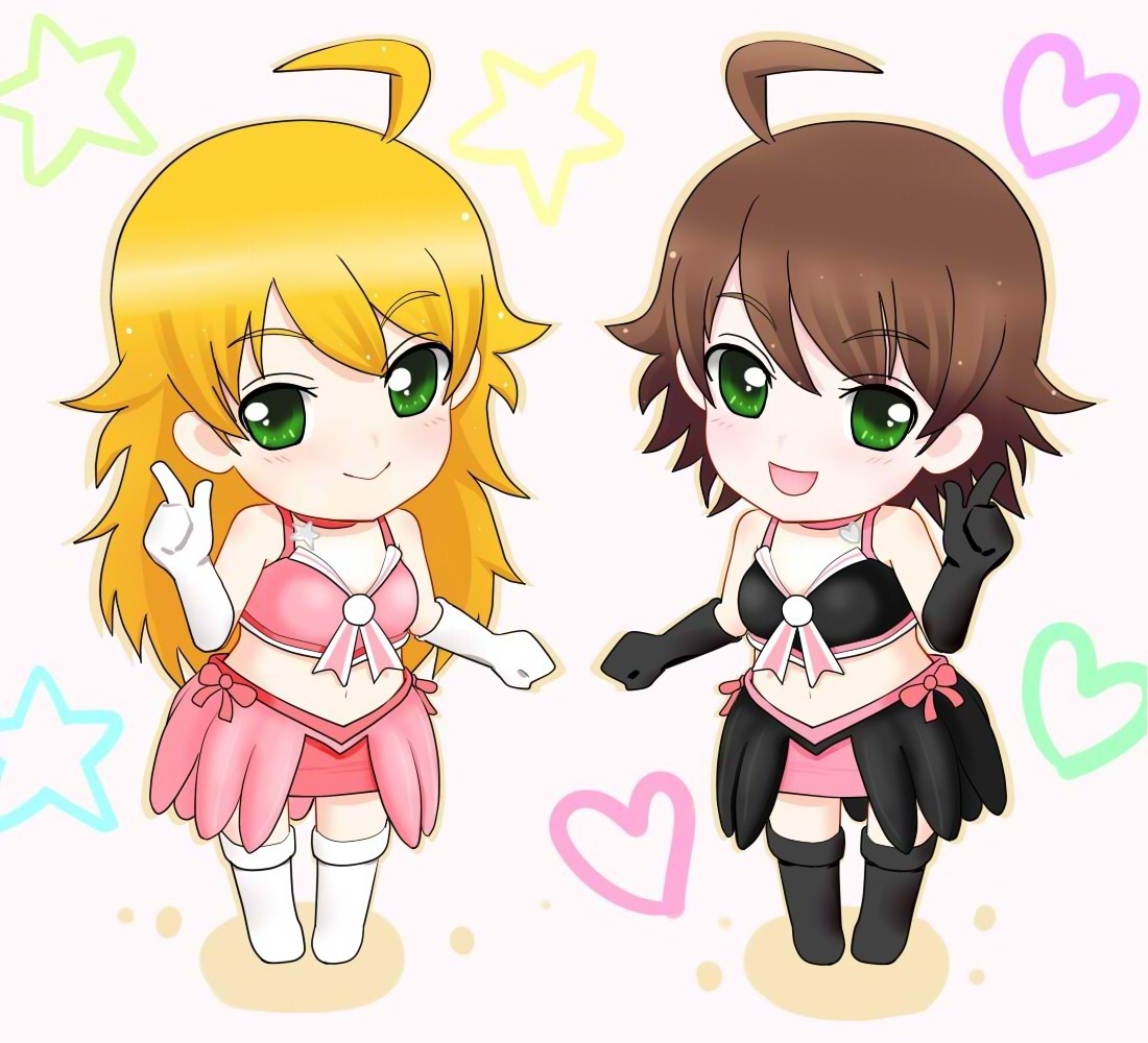 solar kaichuudentou, awakened miki, hoshii miki, idolmaster, idolmaster (classic), idolmaster 1, 00s, ahoge, alternate hairstyle, blonde hair, brown hair, chibi, cute & girly (idolmaster), dual persona, short hair, thighhighs