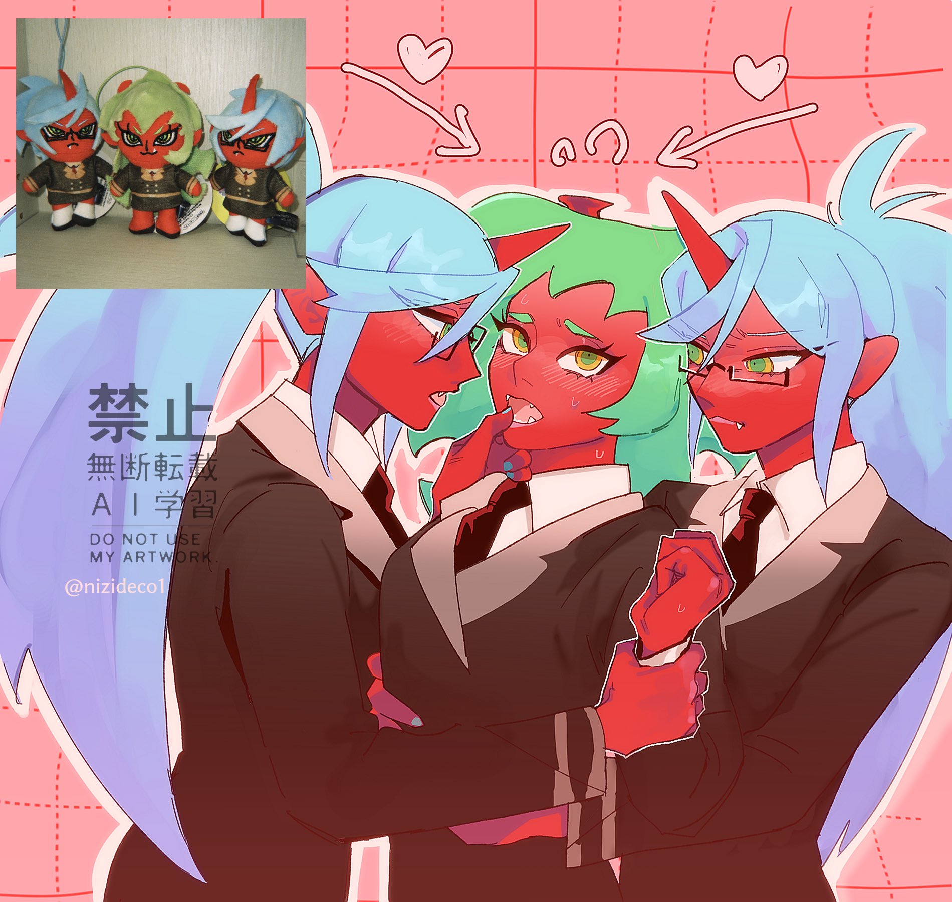 nizideco1, kneesocks (psg), scanty (psg), panty & stocking with garterbelt, highres, 2girls, blue hair, breasts, colored skin, demon girl, demon horns, green hair, horns, long hair, looking at another, multiple girls, red skin, school uniform, yuri
