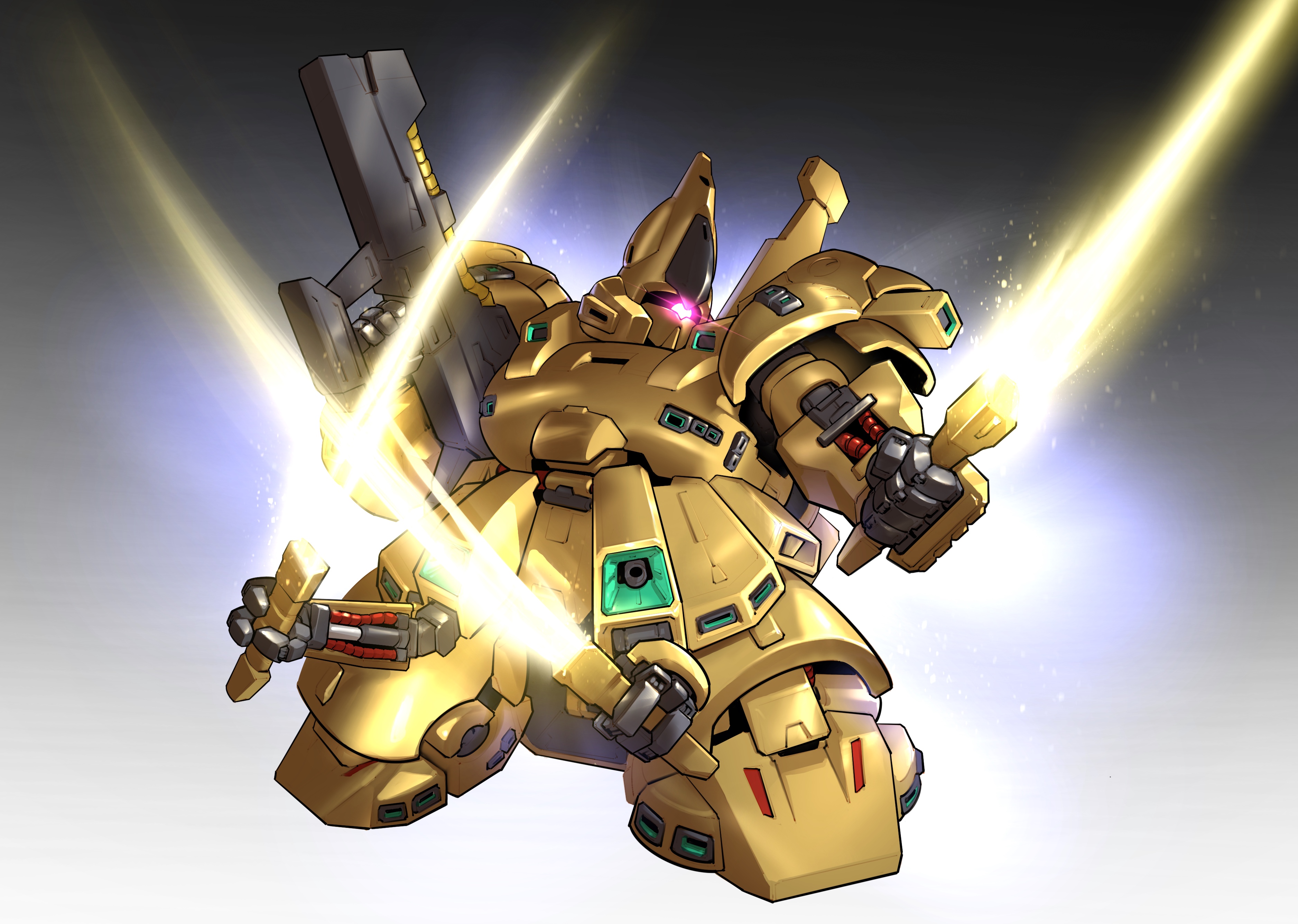 zakuma, the o (mobile suit), gundam, sd gundam, zeta gundam, absurdres, chinese commentary, commentary request, highres, making-of available, beam rifle, chibi, crossed swords, energy gun, energy sword, extra ears, glowing, glowing eye, gun, holding, holding gun, holding sword, holding weapon, mecha, mecha focus, mobile suit, no humans, one-eyed, quadruple wielding, red eyes, robot, science fiction, solo, sword, weapon