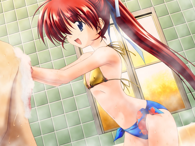 haoto luna, kenzaka rinji, kudou alice, pancho de bravo!, game cg, 1boy, 1girl, :d, armpits, artistic error, bath, bathing, bathroom, bathtub, bikini, blue bikini, blue eyes, covered erect nipples, cowboy shot, dutch angle, flat chest, floral print, foam, from side, groin, happy, high ponytail, indoors, long hair, looking at another, mixed-sex bathing, navel, open mouth, outstretched arms, ponytail, print bikini, red hair, shared bathing, side-tie bikini bottom, smile, soap bubbles, solo focus, steam, sunset, swimsuit, tan, tile wall, tiles, very long hair, washing back, wet, window, yellow bikini