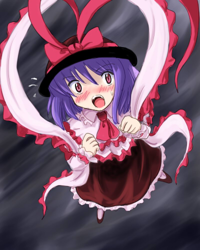 flx, nagae iku, touhou, lowres, 1girl, blue hair, blush, female focus, frills, full body, gradient background, grey background, hat, red eyes, scarf, shawl, solo, surprised