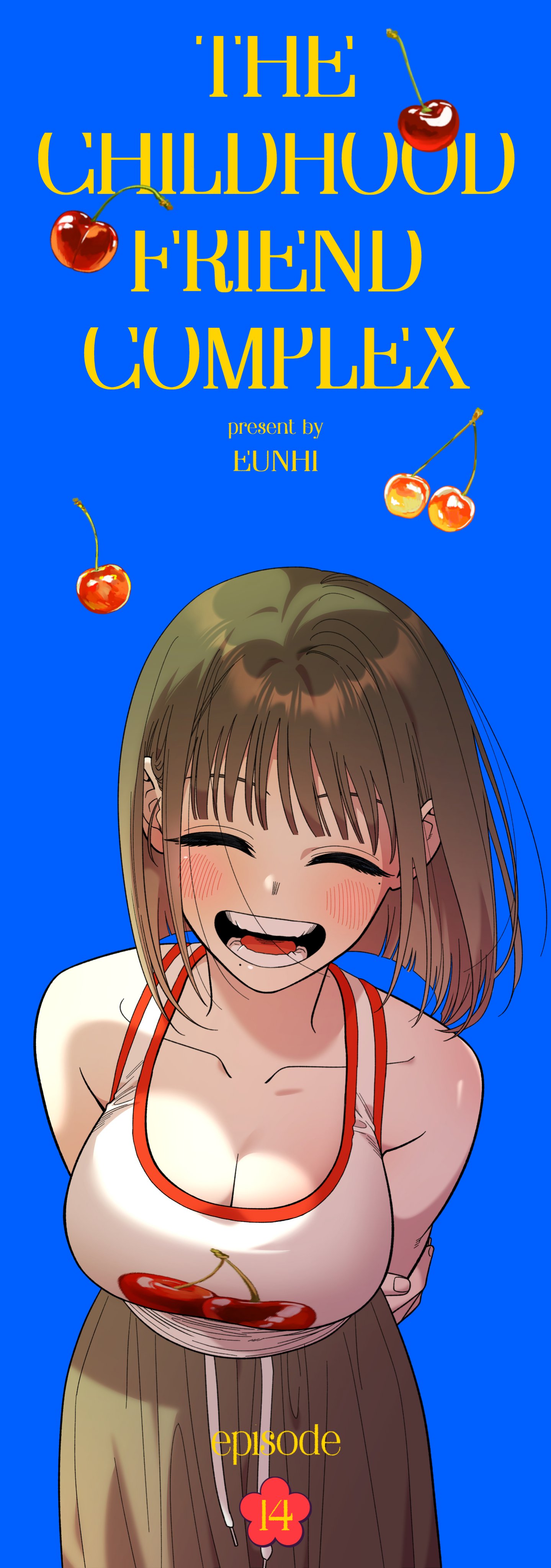 eunhi, lee ha-neul, childhood friend complex, absurdres, highres, korean commentary, official art, 1girl, arm behind back, bare shoulders, blue background, blush, breasts, chapter number, cherry, cherry print, cleavage, closed eyes, cover, cover page, english text, food, food print, fruit, fruit print, large breasts, mole, mole under mouth, open mouth, skirt, smile, tank top, teeth, tongue, white tank top