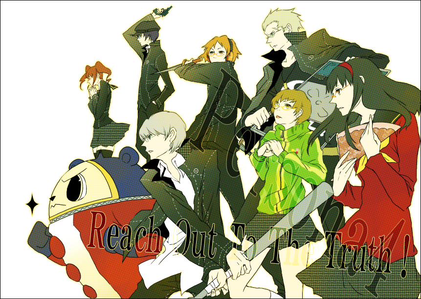 vaayunto yuuki, amagi yukiko, hanamura yousuke, kujikawa rise, kuma (persona 4), narukami yu, satonaka chie, shirogane naoto, tatsumi kanji, atlus, persona, persona 4, bad id, bad pixiv id, 3boys, 4girls, baseball bat, everyone, glasses, gun, knife, multiple boys, multiple girls, weapon
