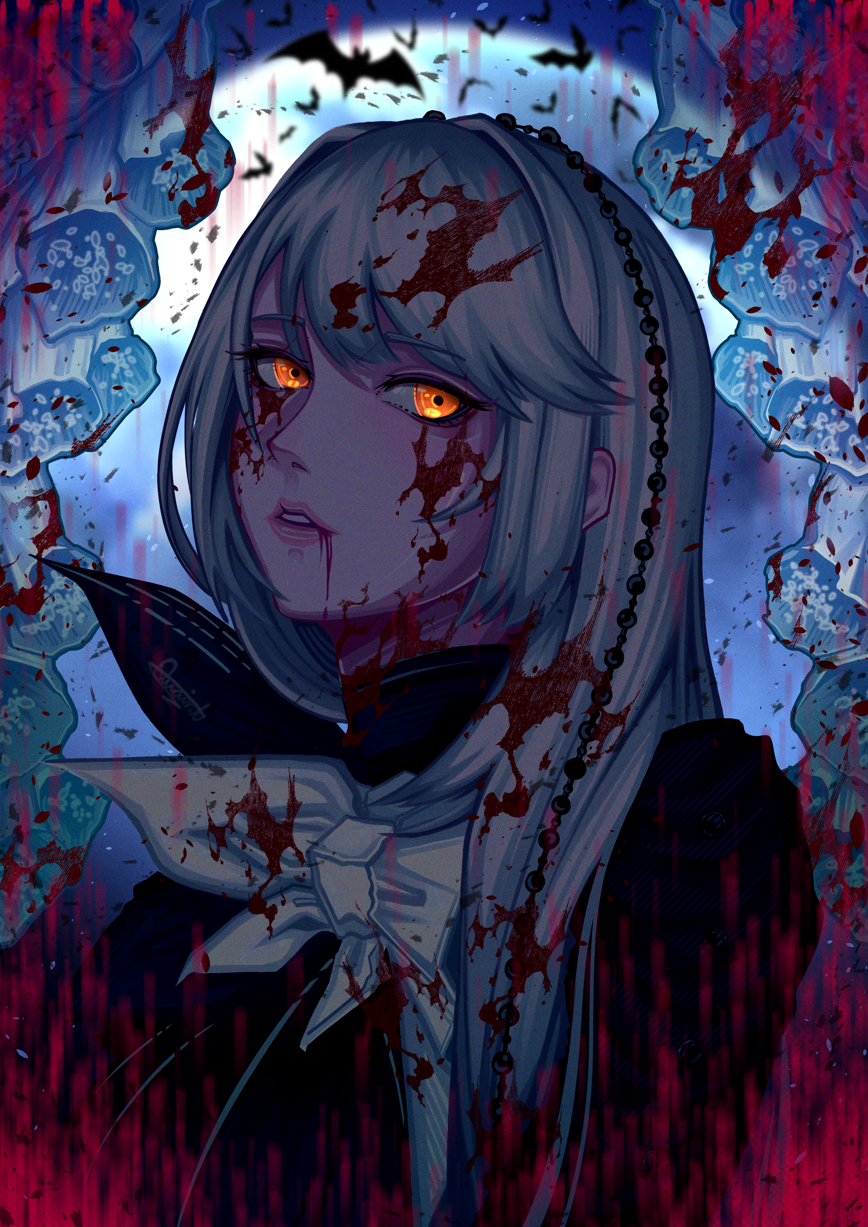 semmelweis (reverse:1999), reverse:1999, absurdres, highres, variant set, 1girl, artist name, beads, black dress, blood, blood from mouth, blood in hair, blood on clothes, blood on face, bow, bowtie, dress, full moon, hair ornament, hair over shoulder, long hair, moon, orange eyes, parted lips, portrait, quaint uplet, signature, solo, swept bangs, white hair