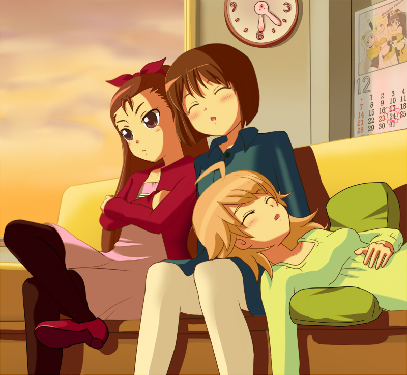 solar kaichuudentou, hagiwara yukiho, hoshii miki, minase iori, idolmaster, idolmaster (classic), idolmaster 1, 00s, 3girls, black pantyhose, couch, crossed arms, crossed legs, dusk, lap pillow, multiple girls, pantyhose, sitting, sleeping, white pantyhose