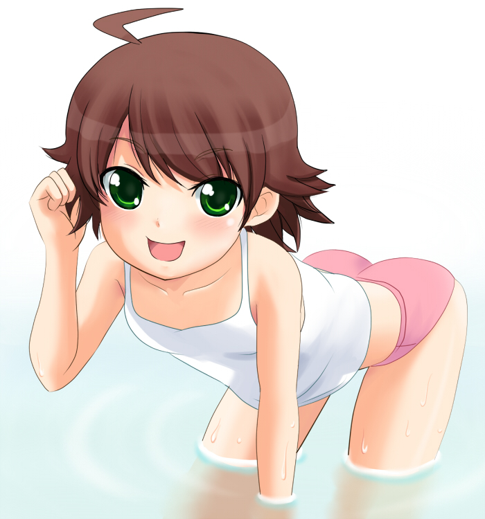 solar kaichuudentou, awakened miki, hoshii miki, idolmaster, idolmaster (classic), idolmaster 1, bad id, bad pixiv id, 00s, 1girl, aged down, ahoge, ass, bent over, blush, brown hair, female focus, gradient background, green eyes, panties, short hair, smile, solo, underwear, wading, water, wet