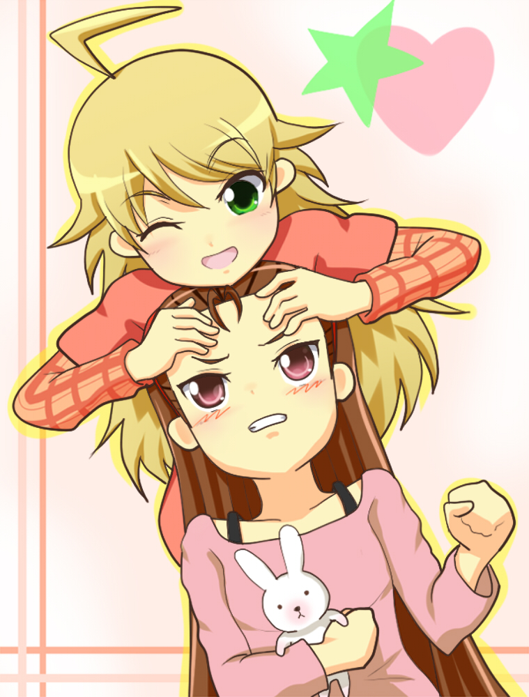solar kaichuudentou, hoshii miki, minase iori, idolmaster, idolmaster (classic), idolmaster 1, 00s, 2girls, ahoge, angry, blonde hair, blush, brown hair, forehead, long hair, looking up, multiple girls, one eye closed, open mouth, rabbit, wink