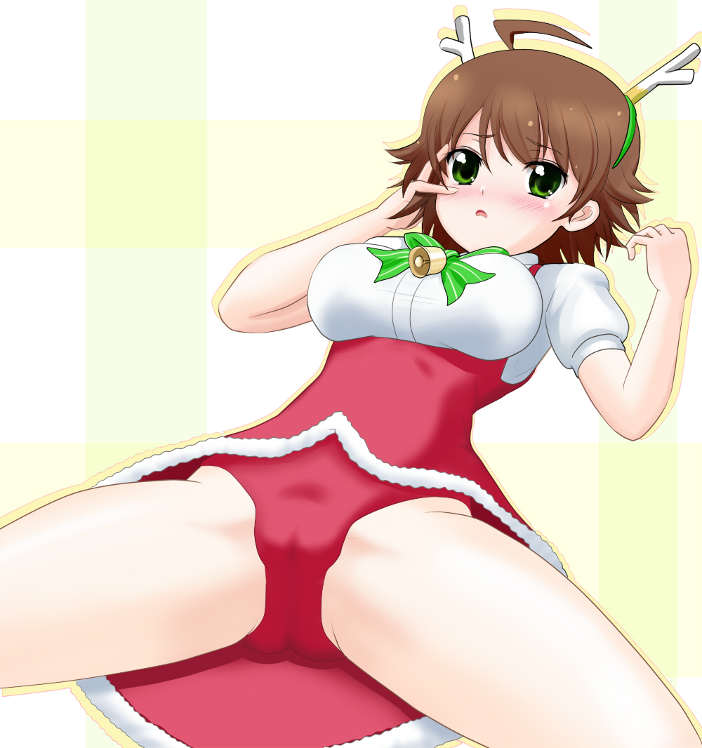 solar kaichuudentou, awakened miki, hoshii miki, idolmaster, idolmaster (classic), 00s, 1girl, blush, breasts, brown hair, christmas, female focus, short hair, solo, thighs