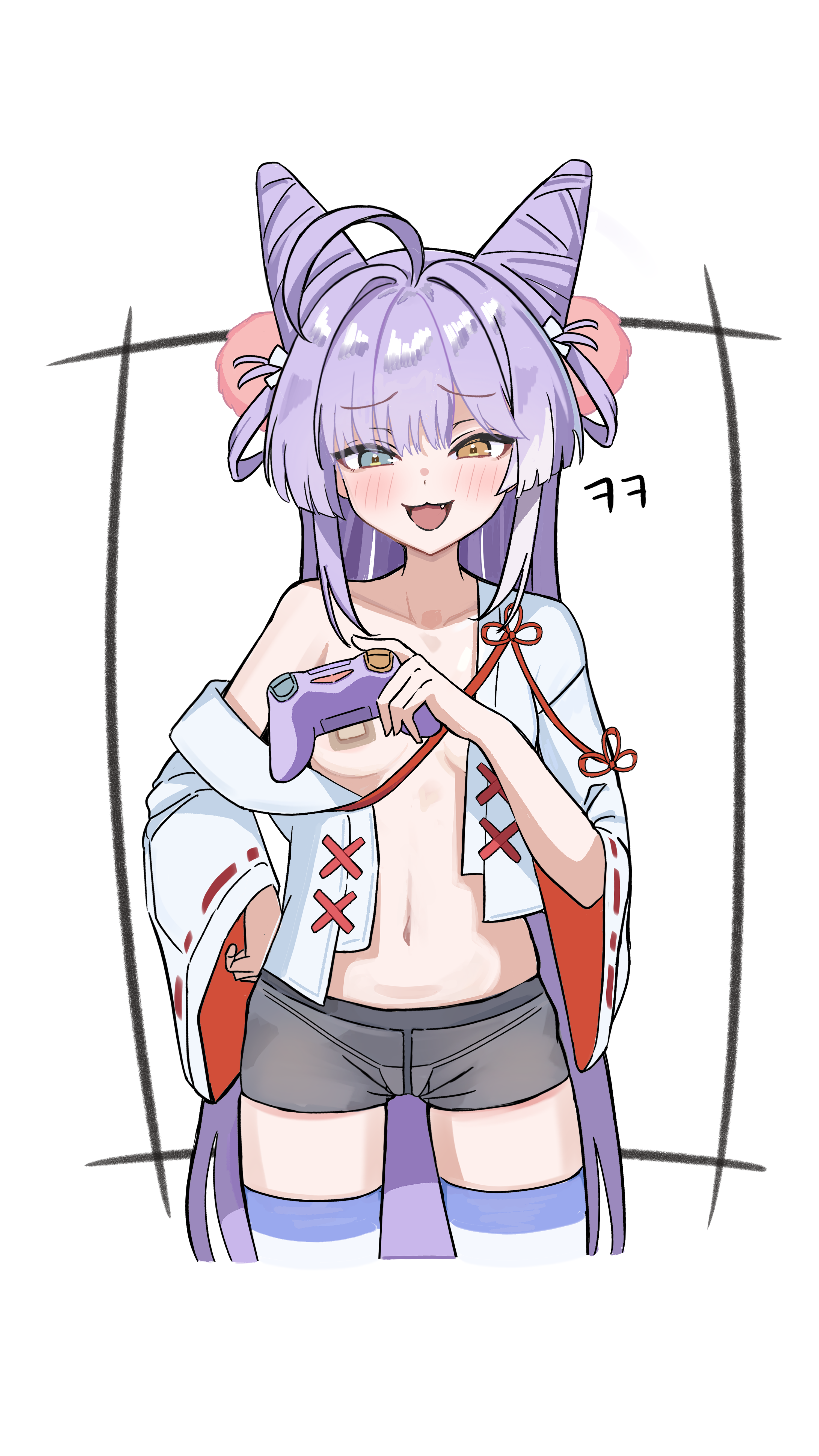 duda (duda1), tenko shibuki, stellive, absurdres, commentary request, highres, korean commentary, 1girl, ahoge, bandaid, bandaids on nipples, black shorts, blue eyes, blush, breasts, collarbone, cone hair bun, controller, cropped legs, fang, game controller, hair bun, hand on own hip, hand up, heterochromia, holding, holding controller, holding game controller, huge ahoge, long hair, long sleeves, looking at viewer, medium breasts, micro panties, multicolored hair, navel, no bra, off shoulder, open clothes, open mouth, open shirt, panties, parted bangs, pasties, purple hair, raised inner eyebrows, see-through clothes, see-through shorts, shirt, short shorts, shorts, simple background, smile, solo, standing, stomach, straight-on, streaked hair, striped clothes, striped thighhighs, thighhighs, underwear, very long hair, virtual youtuber, white background, white shirt, wide sleeves, yellow eyes