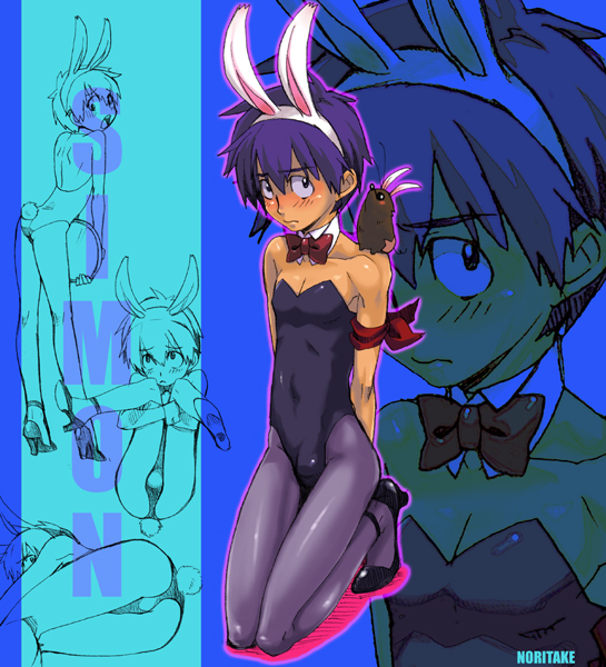noritake, simon (ttgl), tengen toppa gurren lagann, bad id, bad pixiv id, 00s, 1boy, animal ears, blue hair, blush, bulge, crossdressing, crossdressing (mtf), fake animal ears, high heels, male focus, male playboy bunny, pantyhose, playboy bunny, rabbit ears, shoes, short hair