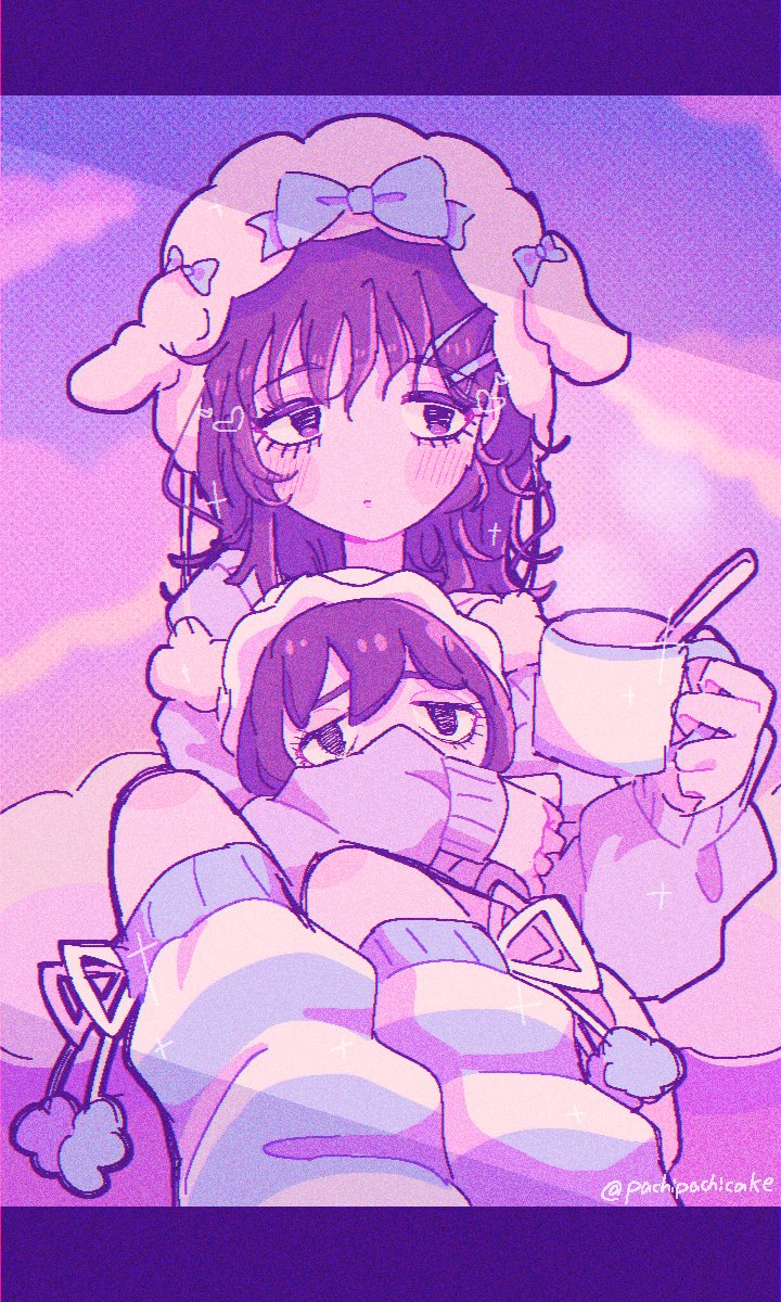 yo (wetpotatosunsun), anya (mouthwashing), mouthwashing, commentary, highres, symbol-only commentary, 1girl, aegyo sal, blue bow, blue socks, bow, character doll, chromatic aberration, cloud, cup, doll, facing viewer, feet out of frame, film grain, hair between eyes, halftone, halftone background, hat, hat bow, heart, holding, holding cup, holding doll, kneehighs, knees up, letterboxed, long sleeves, looking to the side, loose socks, medium hair, outdoors, pom pom (clothes), puffy long sleeves, puffy sleeves, purple eyes, purple hair, purple sky, purple sweater, ribbon, ribbon-trimmed socks, ribbon trim, simple background, sitting, sky, socks, solo, sparkle, striped clothes, striped socks, sweater, twitter username, two-tone socks, white hat, white ribbon, white socks