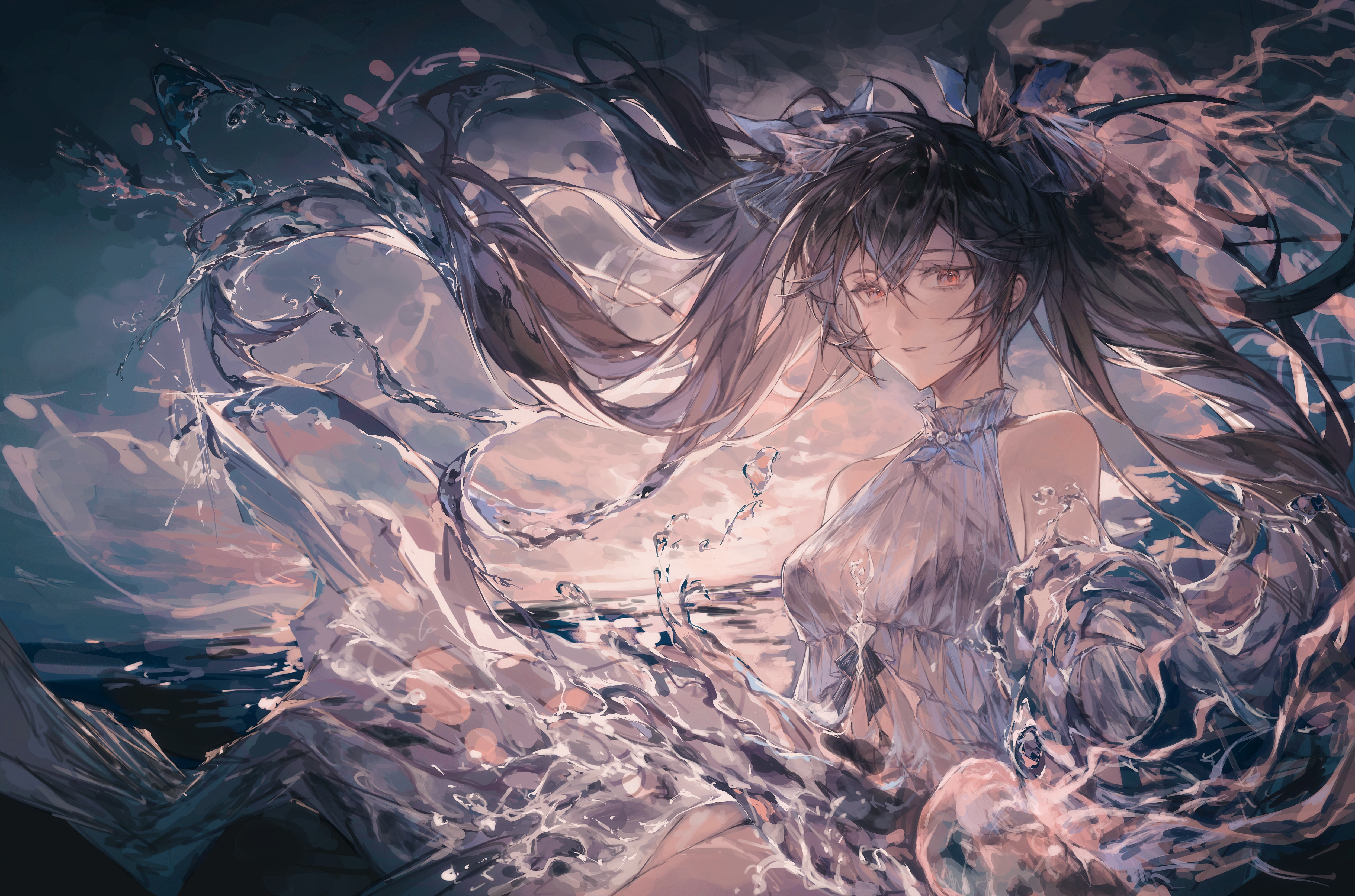 zhouliang48183, lucia (pgr), punishing: gray raven, absurdres, highres, 1girl, bare arms, bare legs, bare shoulders, bikini, black bikini, black hair, blue dress, cloud, criss-cross halter, crossed bangs, dress, floating hair, hair between eyes, halterneck, in water, liquid hair, long hair, looking at viewer, ocean, overcast, parted lips, red eyes, sitting, sky, solo, sunset, swimsuit, twintails, very long hair
