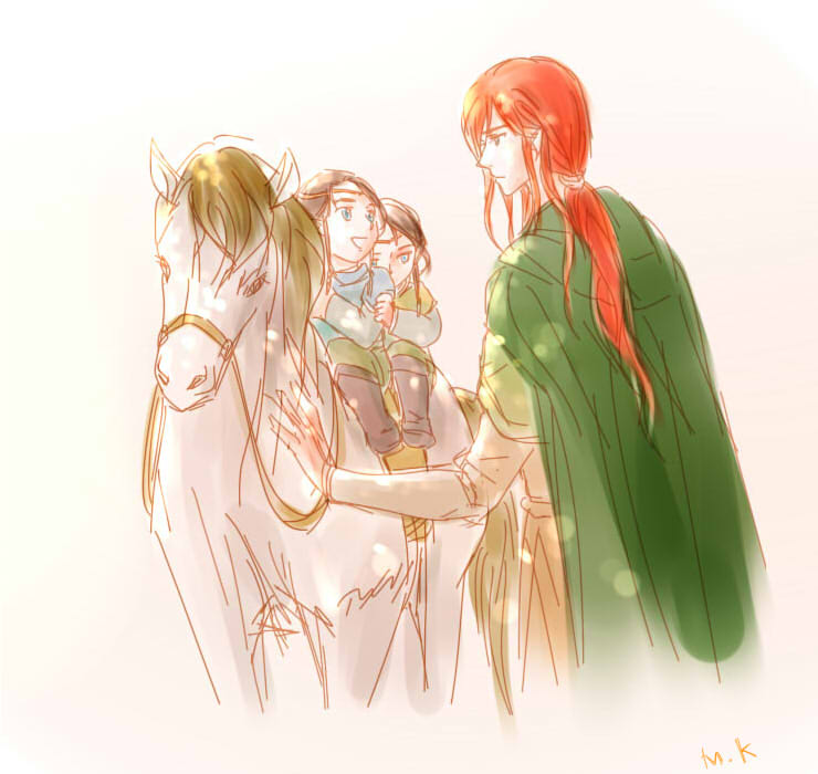 mintkim, elrond, elros, maedhros, the silmarillion, tolkien's legendarium, 3boys, age difference, animal, blue eyes, boots, brothers, circlet, cloak, closed mouth, elf, green cloak, horse, jewelry, long hair, looking at another, male focus, multiple boys, open mouth, pointy ears, ponytail, red hair, riding, siblings, simple background, sitting, standing, twins