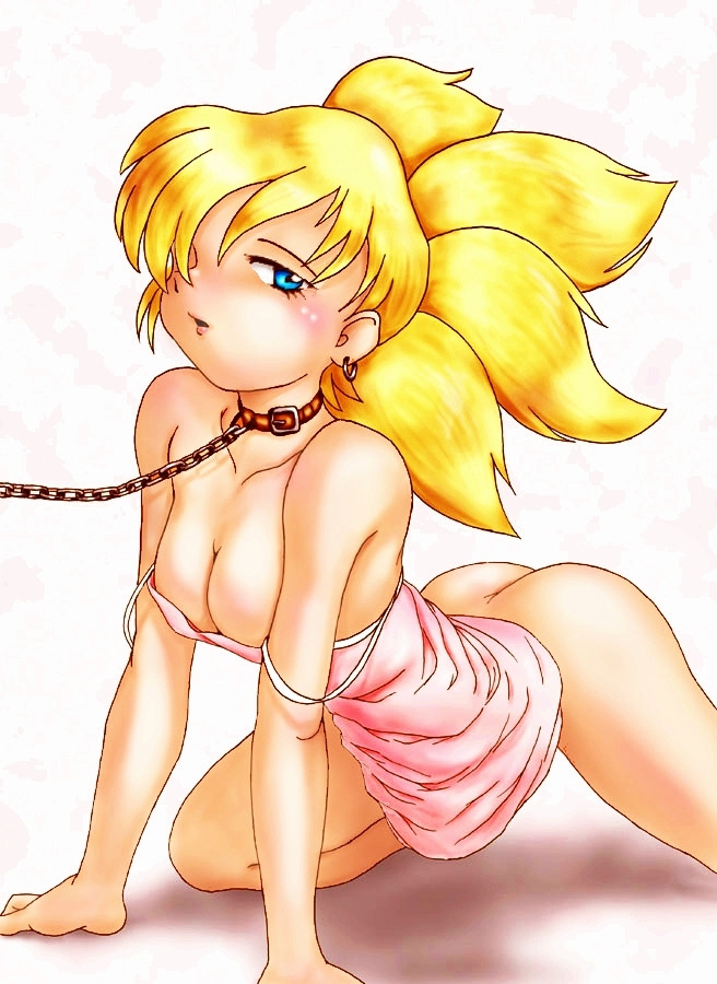 1girl, all fours, ass, bdsm, blonde hair, blush, bondage, bound, breasts, cleavage, collar, dress, earrings, female focus, jewelry, leash, solo, spread legs, strap slip