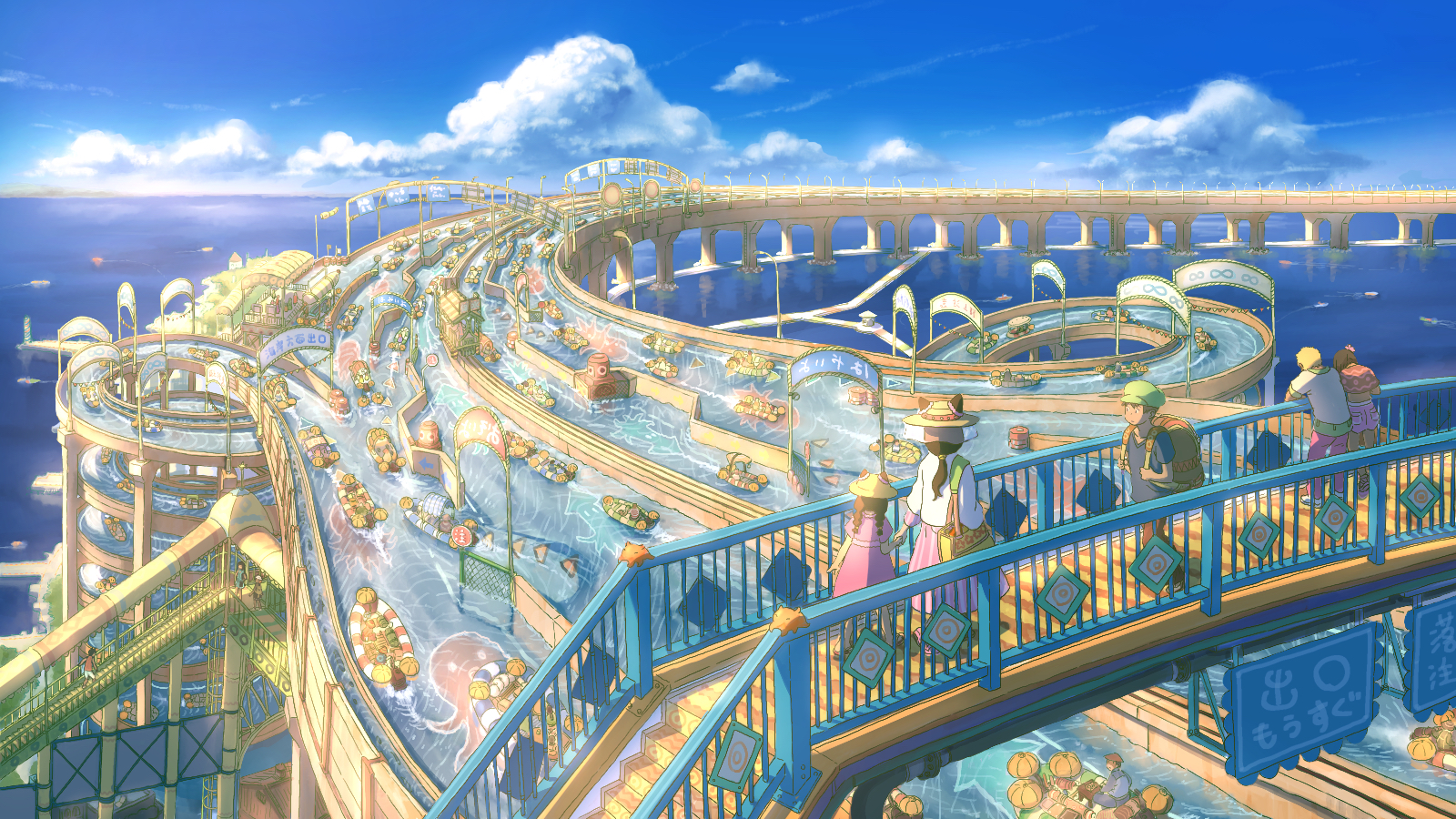 original, commentary request, highres, 2boys, 3girls, blue sky, boat, bridge, cloud, day, highway, horizon, multiple boys, multiple girls, ocean, outdoors, pedestrian bridge, railing, scenery, sky, slice of life, stairs, standing, user tswx7328, walking, watercraft