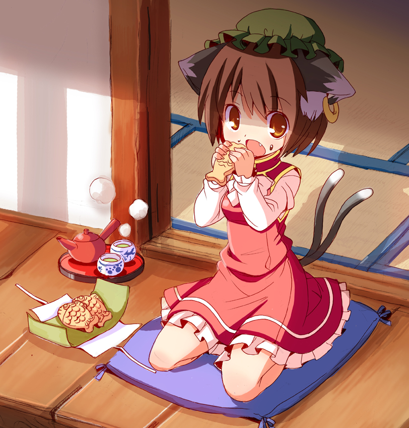 kitsune choukan, chen, touhou, bad id, bad pixiv id, 1girl, animal ears, brown eyes, brown hair, cat ears, cat girl, cat tail, earrings, eating, fang, female focus, food, food on face, hat, jewelry, kneeling, pillow, porch, short hair, sitting, solo, tail, taiyaki, tea, veranda, wagashi