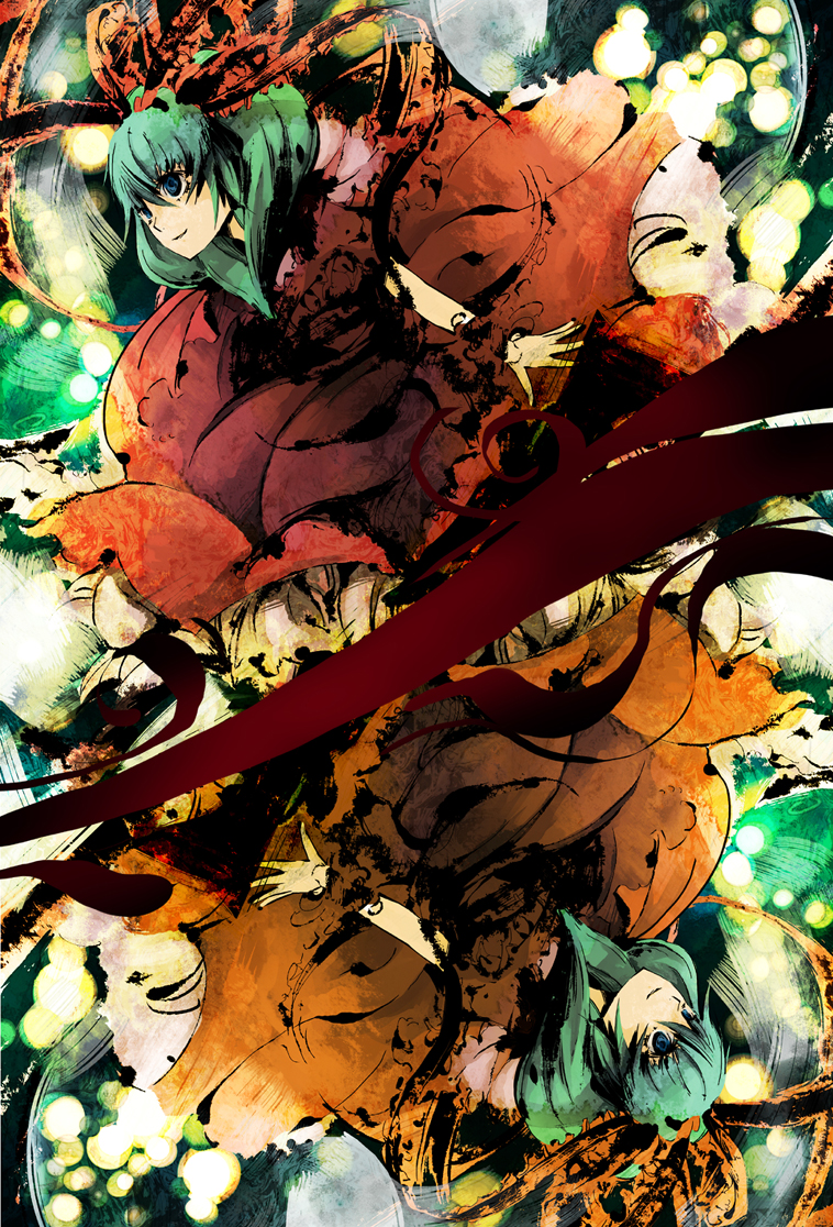 dain, kagiyama hina, touhou, bad id, bad pixiv id, 1girl, female focus, green hair, multiple views, reflection, ribbon, rotational symmetry, symmetry