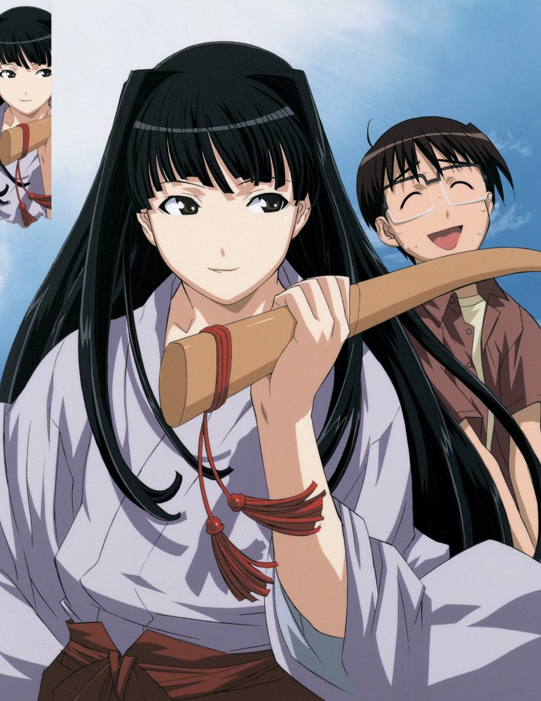 aoyama motoko, urashima keitarou, love hina, non-web source, black eyes, black hair, glasses, hakama, hakama skirt, japanese clothes, long hair, skirt, smile, sweat, sword, weapon