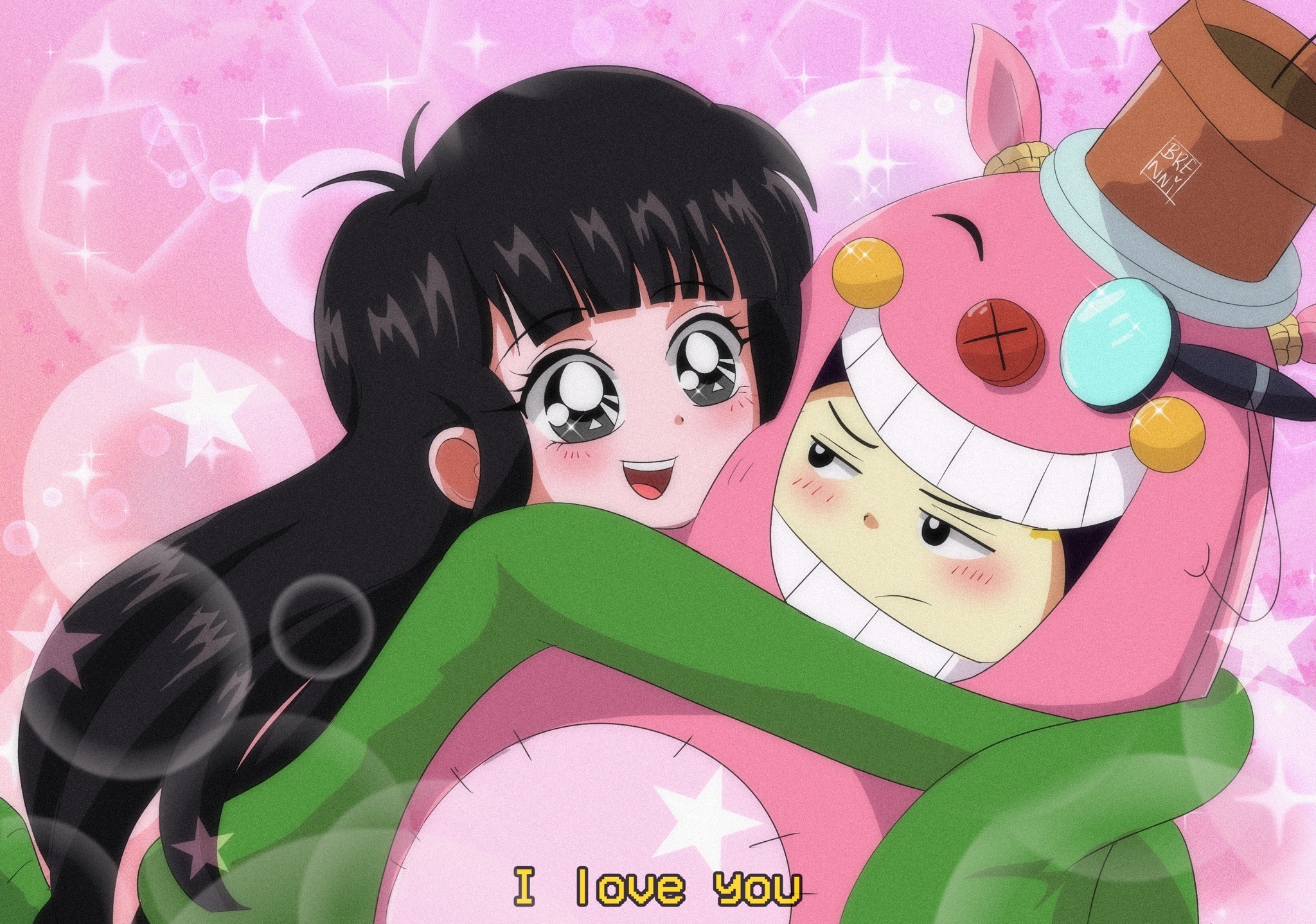 brenni murasaki, numbuh 3, numbuh 4, codename: kids next door, character request, clip studio paint (medium), highres, 1990s (style), 1boy, 1girl, black hair, blunt bangs, green shirt, long hair, long sleeves, open mouth, retro artstyle, scene reference, shirt, sleeves past wrists, smile