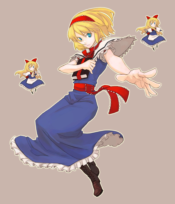 totteri, alice margatroid, touhou, 3girls, blonde hair, doll, female focus, foreshortening, full body, green eyes, grey background, hairband, multiple girls, puppet, short hair, simple background, solo