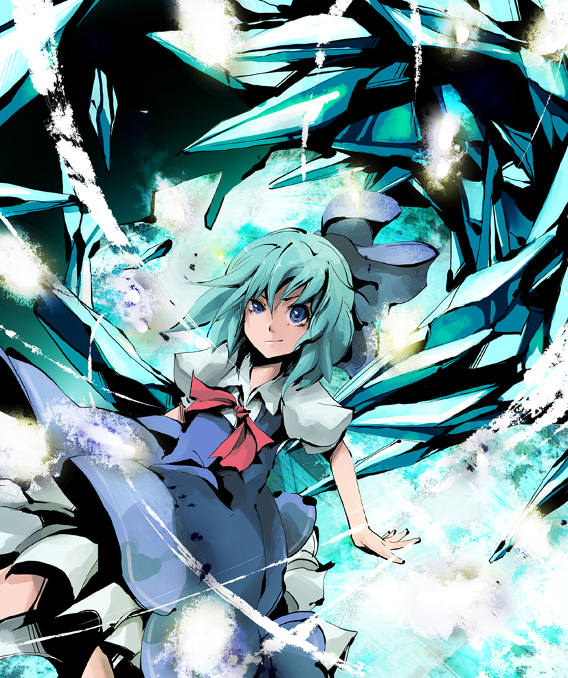 dain, cirno, embodiment of scarlet devil, touhou, bad id, bad pixiv id, 1girl, blue eyes, blue hair, bow, dress, female focus, gradient background, hair bow, ice, matching hair/eyes, solo, wings