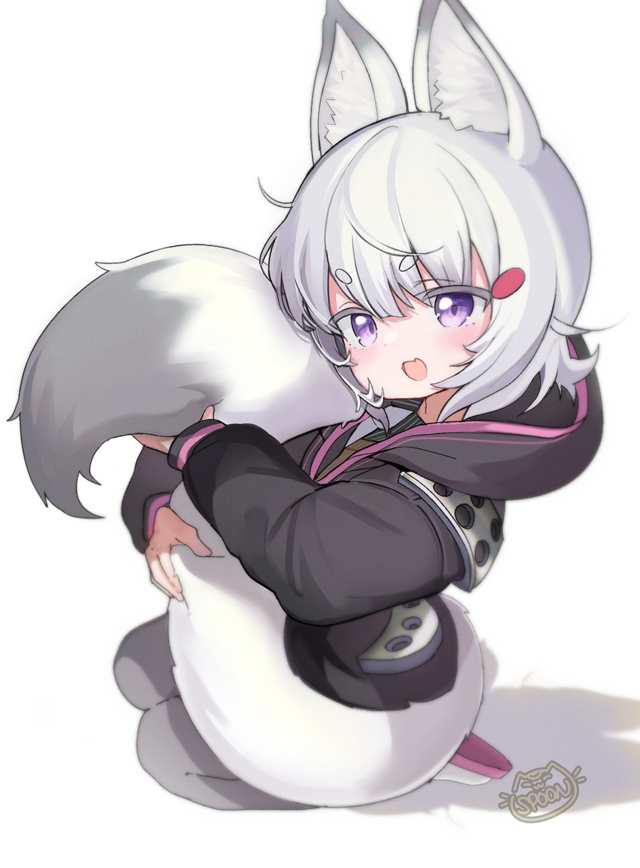 spoonillust, tenma maemi, tenma maemi (1st costume), phase connect, absurdres, highres, 1girl, animal ear fluff, animal ears, artist name, black jacket, brown sweater, fox ears, fox girl, fox tail, grey tail, hair ornament, hood, hood down, hoodie, hugging tail, jacket, kneeling, long sleeves, open mouth, purple eyes, shadow, solo, sweater, tail, two-tone tail, virtual youtuber, white tail