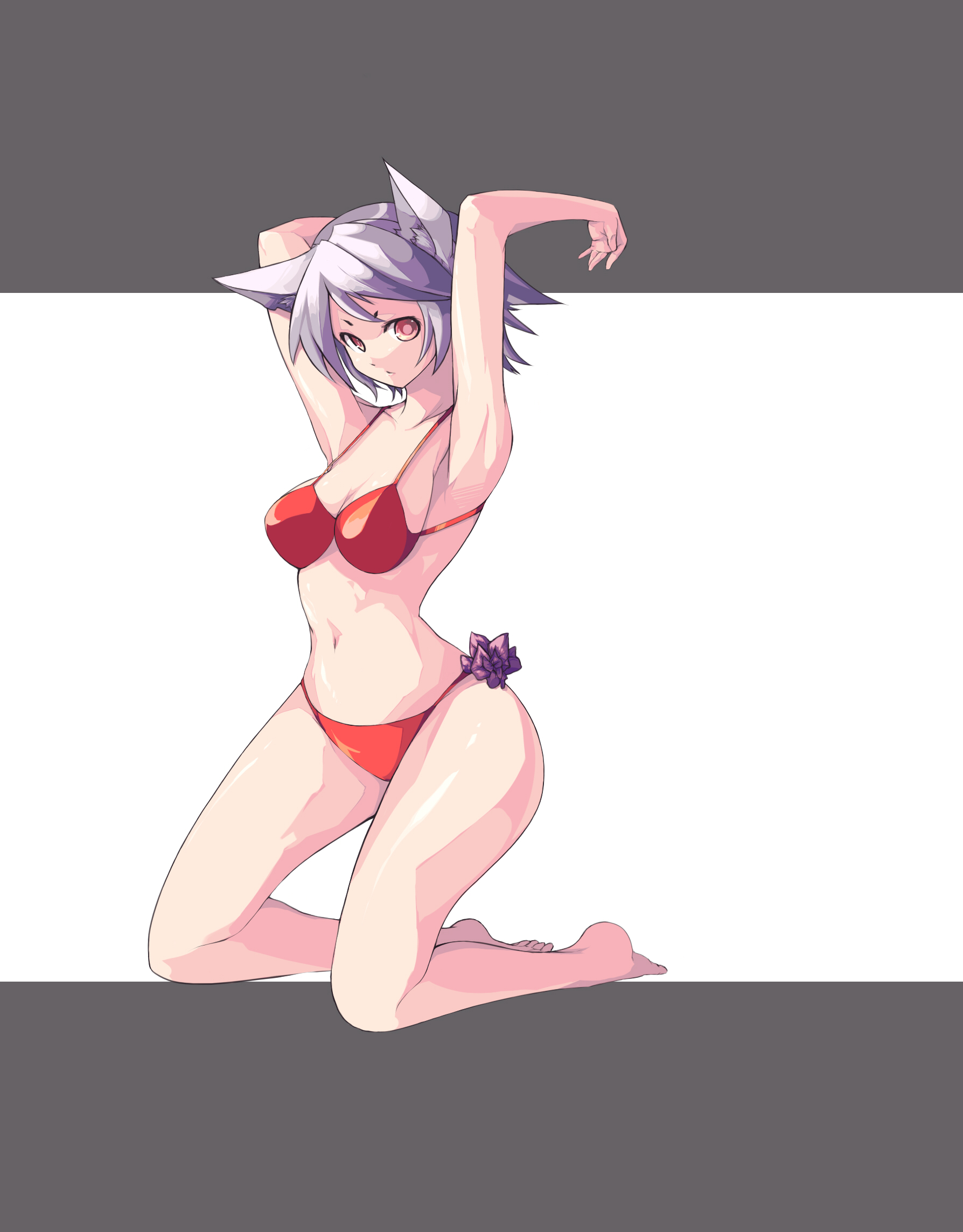 saiste, izayoi sakuya, touhou, silver hair, highres, 1girl, animal ears, armpits, barefoot, bikini, female focus, fox ears, kneeling, looking at viewer, navel, red bikini, red eyes, short hair, solo, strap gap, swimsuit