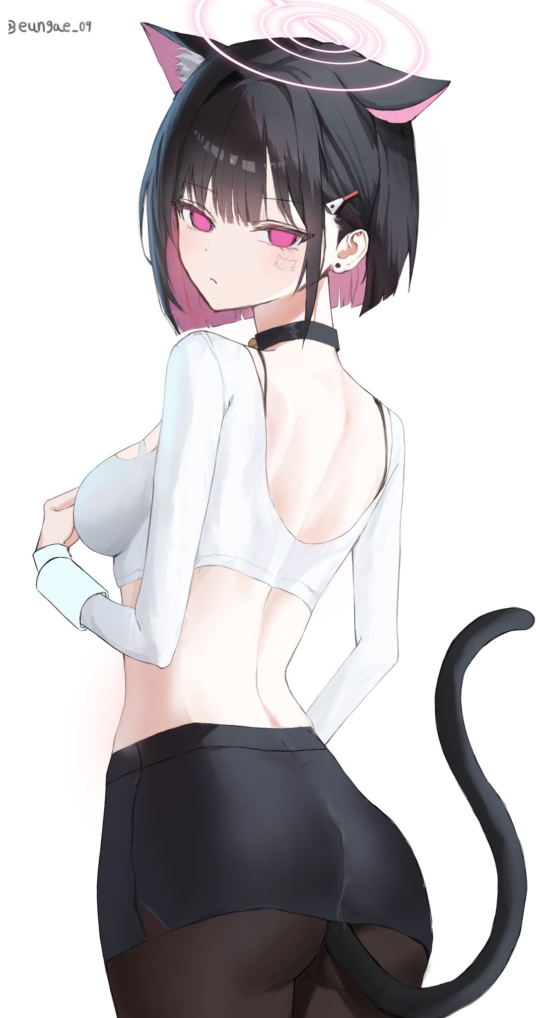 kazusa (blue archive), blue archive, commentary request, highres, korean commentary, 1girl, alternate costume, animal ears, artist name, ass, back, black choker, black pantyhose, black skirt, blunt bangs, blunt ends, blush, bob cut, breasts, cat ears, cat face sticker, cat girl, cat tail, choker, closed mouth, colored inner animal ears, colored inner hair, cowboy shot, crop top, earrings, eungae 09, extra ears, from behind, frown, hair behind ear, hair ornament, hairclip, halo, hand up, jewelry, long sleeves, looking at viewer, looking back, medium breasts, miniskirt, multicolored hair, pantyhose, pencil skirt, pink eyes, pink halo, shirt, simple background, skirt, solo, sticker, sticker on face, stud earrings, tail, tail raised, tsurime, two-tone hair, white background, white shirt
