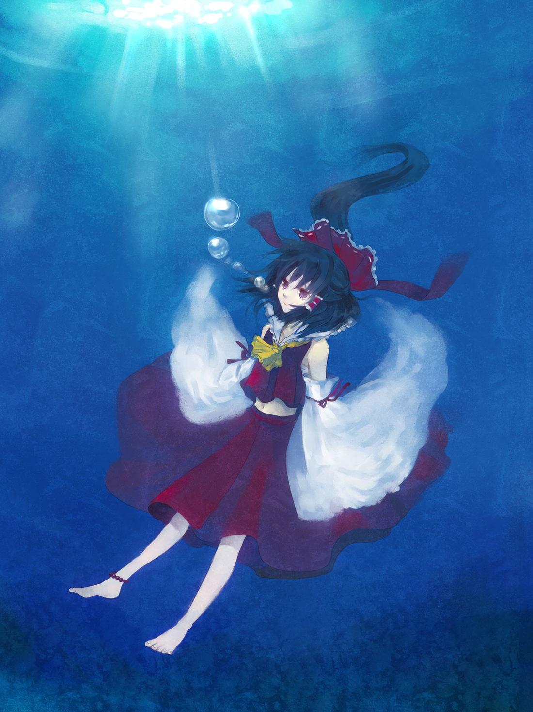 nr (cerumia), nr (cmnrr), nr (pixiv), hakurei reimu, touhou, bad id, bad pixiv id, highres, 1girl, anklet, asphyxiation, barefoot, bubble, detached sleeves, drowning, feet, female focus, jewelry, navel, solo, underwater