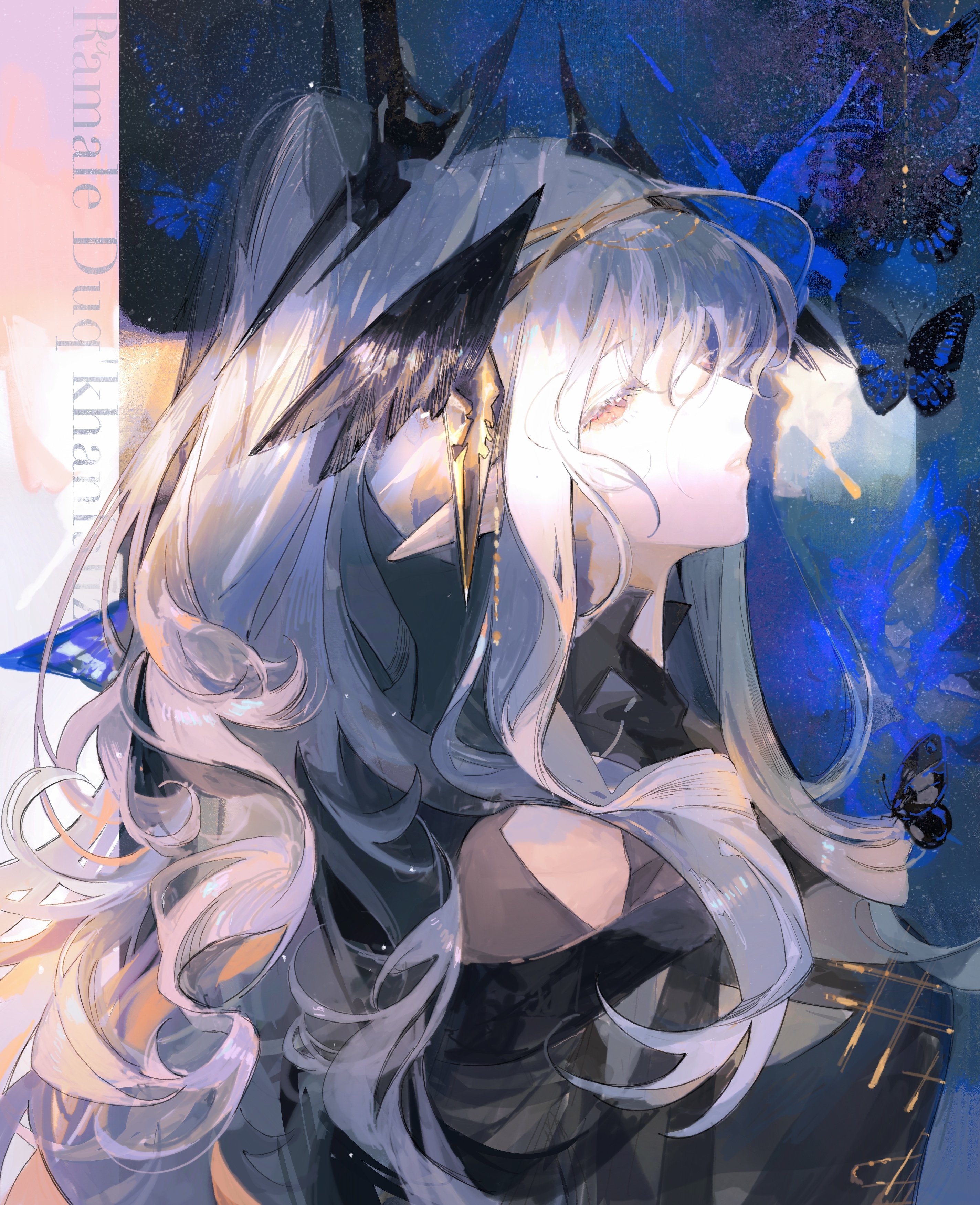 yonghu pei yezi, laqeramaline (arknights), arknights, absurdres, highres, 1girl, black dress, demon girl, demon horns, dress, horns, long hair, pointy ears, purple hair, red eyes, solo, very long hair