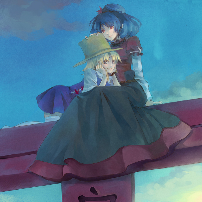 nr (cerumia), nr (cmnrr), nr (pixiv), moriya suwako, yasaka kanako, touhou, bad id, bad pixiv id, 2girls, blonde hair, blue hair, cuddling, female focus, hair ornament, hands on own cheeks, hands on own face, hat, leaf hair ornament, multiple girls, red eyes