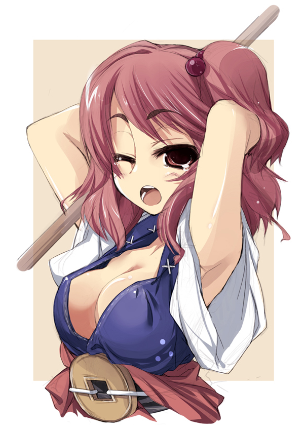 amanooni touri, onozuka komachi, touhou, bad id, bad pixiv id, 1girl, armpits, breasts, cleavage, female focus, large breasts, red eyes, red hair, solo, upper body, wink, yawning