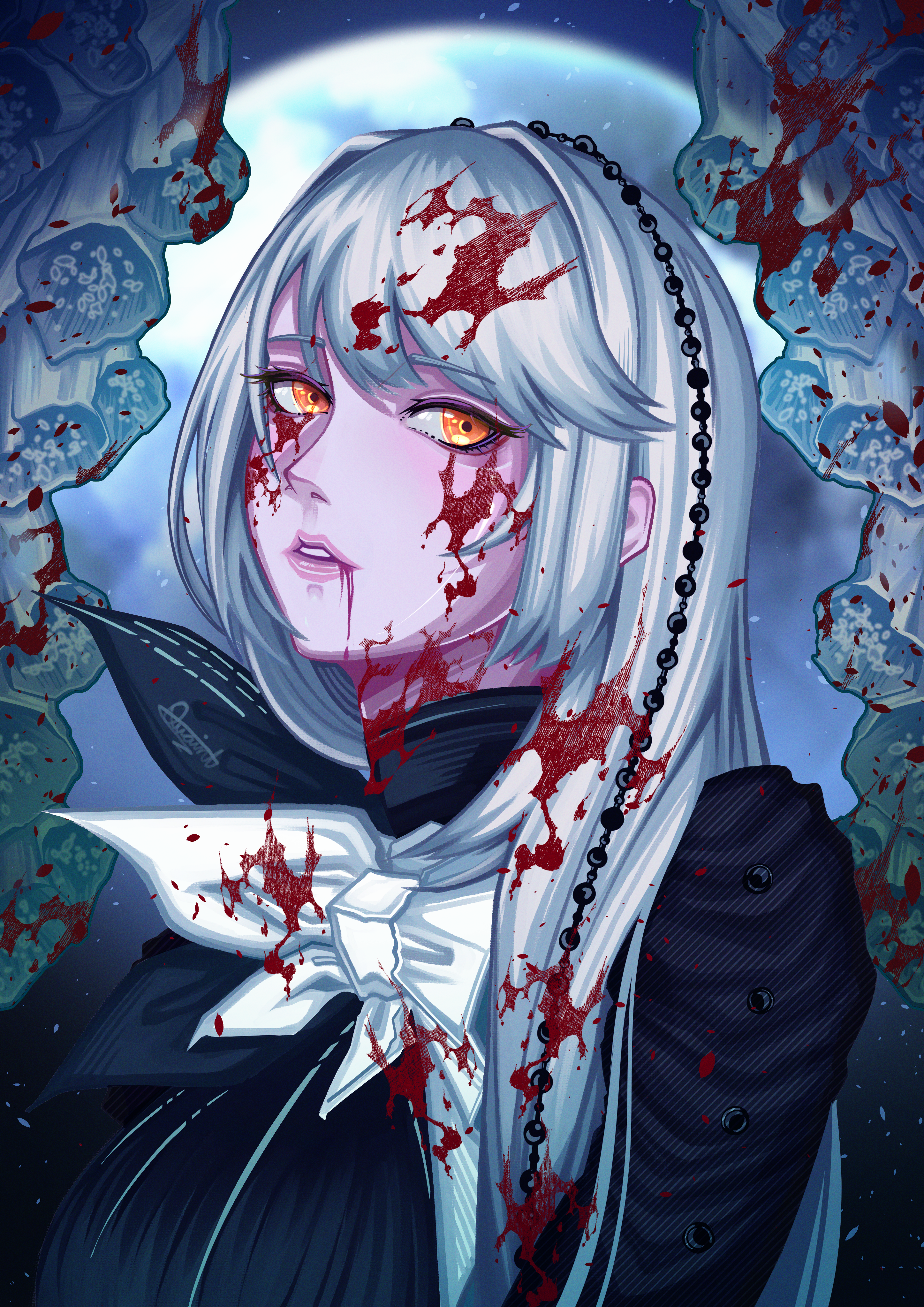 semmelweis (reverse:1999), reverse:1999, absurdres, highres, variant set, 1girl, artist name, beads, black dress, blood, blood from mouth, blood in hair, blood on clothes, blood on face, bow, bowtie, dress, full moon, hair ornament, hair over shoulder, long hair, moon, orange eyes, parted lips, portrait, quaint uplet, signature, solo, swept bangs, white hair