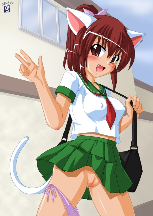 1girl, animal ears, blush, breasts, cat ears, cat tail, cloud, fang, female focus, navel, outdoors, panties, panties around leg, pussy, school uniform, side-tie panties, sky, smile, solo, standing, tail, uncensored, underwear