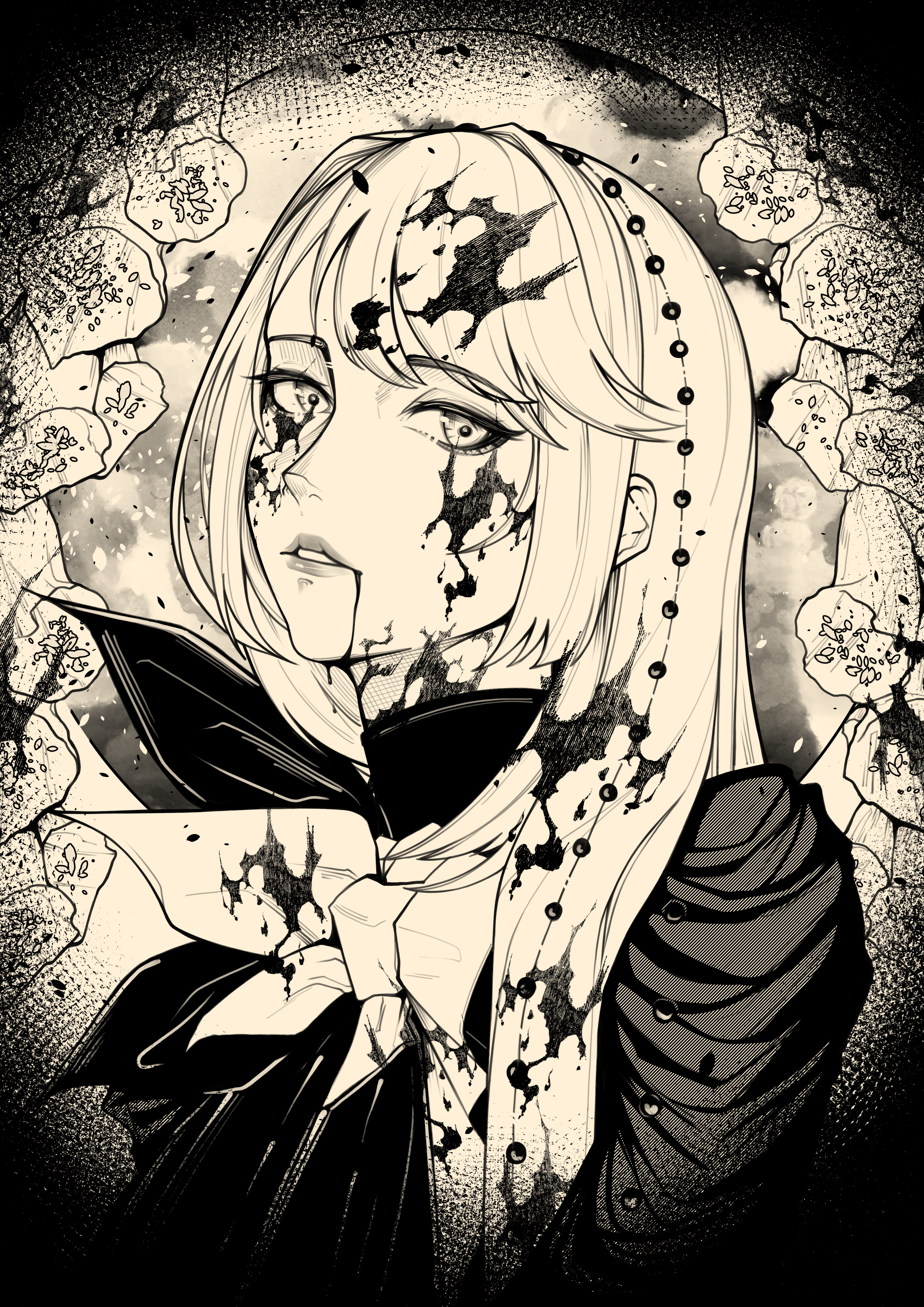 semmelweis (reverse:1999), reverse:1999, absurdres, highres, variant set, 1girl, artist name, beads, blood, blood from mouth, blood in hair, blood on clothes, blood on face, bow, bowtie, hair ornament, hair over shoulder, long hair, parted lips, portrait, quaint uplet, sepia, signature, solo, swept bangs