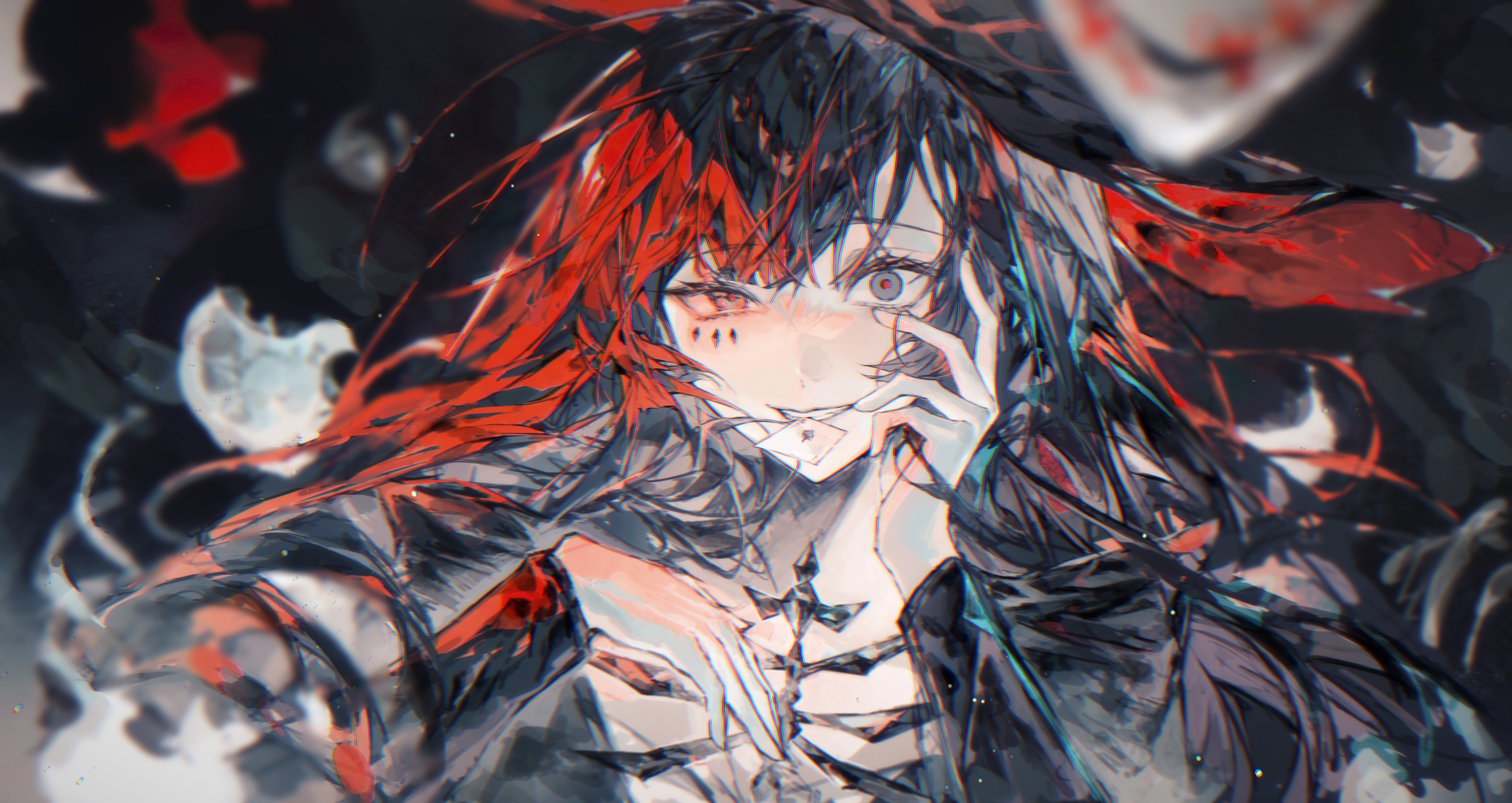 zhouliang48183, lilith (pgr), punishing: gray raven, absurdres, highres, 1girl, asymmetrical bangs, black hair, blurry, blurry background, blurry foreground, card in mouth, grey eyes, half-closed eye, hand on own face, hat, large hat, looking at viewer, mask, mouth hold, multicolored hair, poker, red-eye effect, red eyes, solo, spade (shape), straight-on, two-tone hair, upper body, witch hat