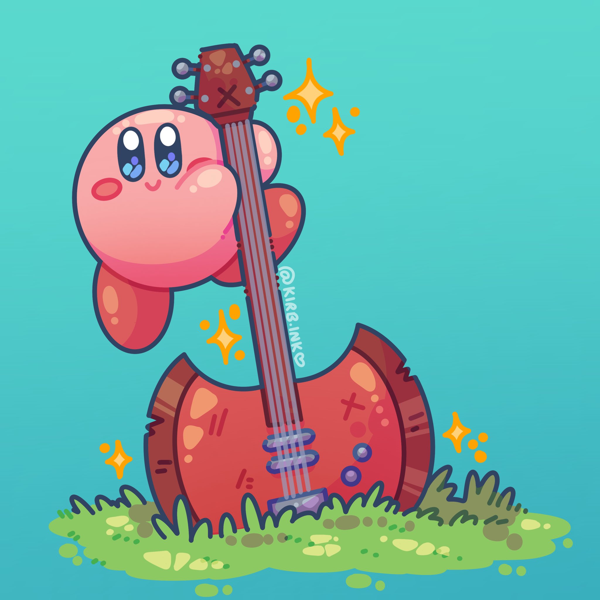 aimaay, kirby, adventure time, kirby (series), nintendo, highres, 1boy, aqua background, artist name, blush stickers, closed mouth, gradient background, grass, guitar, holding, holding instrument, instrument, smile, solo, star (symbol)