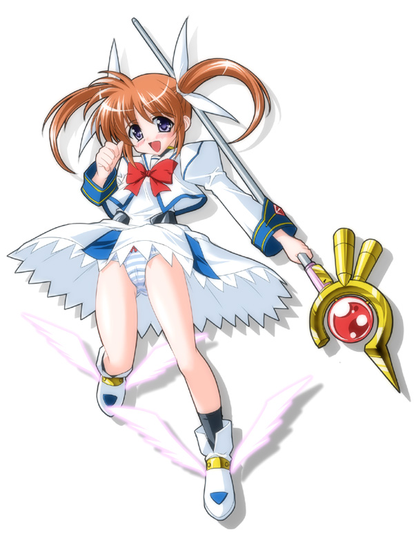 raising heart, raising heart (device mode), takamachi nanoha, takamachi nanoha (original mode), lyrical nanoha, mahou shoujo lyrical nanoha, 00s, blue eyes, blush, brown hair, clothes lift, long hair, panties, pantyshot, skirt, skirt lift, solo, staff, striped clothes, striped panties, twintails, underwear, upskirt, wand, wings