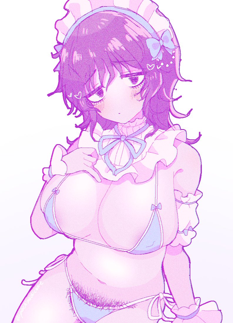 yo (wetpotatosunsun), anya (mouthwashing), mouthwashing, commentary request, 1girl, :o, alternate costume, areola slip, arm at side, arm support, bare shoulders, bikini, blue bikini, blue bow, blue hairband, blue ribbon, blush, bow, bow bikini, bow hairband, breasts, chromatic aberration, cleavage, covered erect nipples, cowboy shot, excessive pubic hair, female pubic hair, film grain, frilled hairband, frilled wrist cuffs, frills, from above, hair between eyes, hairband, hand on own chest, hand up, heart, jitome, large breasts, looking at viewer, lower eyelashes only, medium hair, micro bikini, navel, neck ribbon, no nose, parted lips, pubic hair, purple eyes, purple hair, raised inner eyebrows, ribbon, side-tie bikini bottom, simple background, sitting, solo, stomach, swimsuit, twitter username, white background, white trim, white wrist cuffs, wrist cuffs