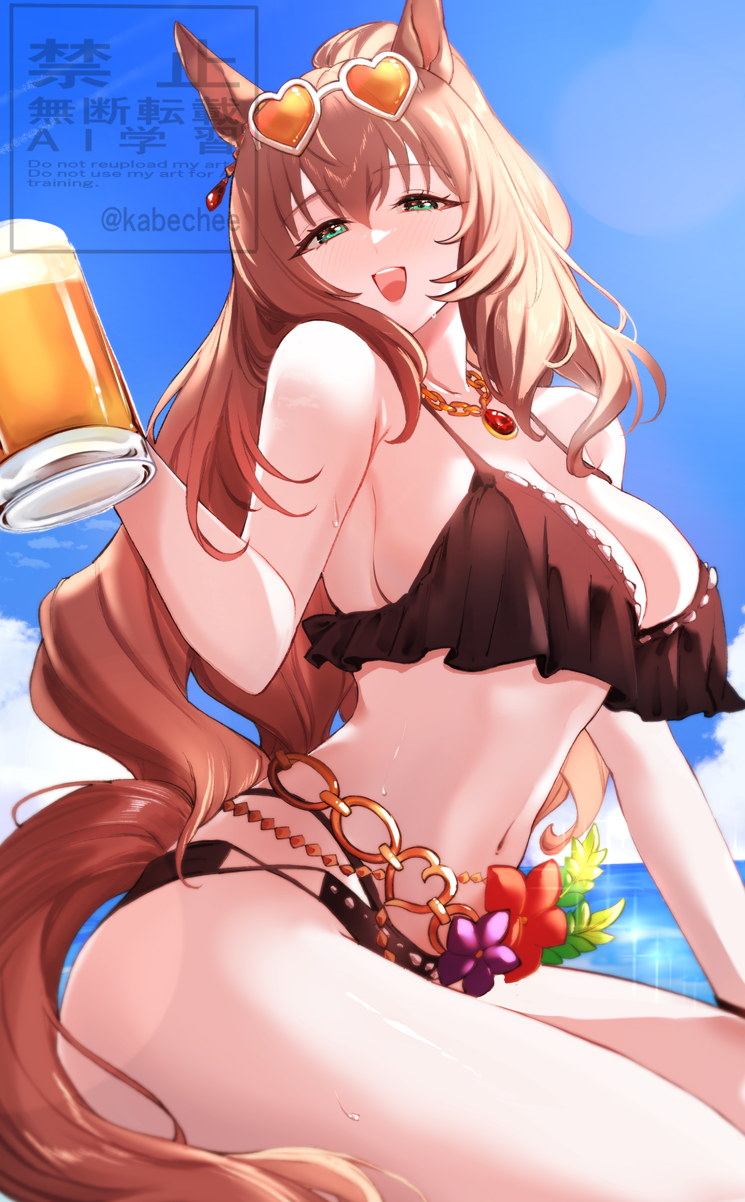 chikabe, maruzensky (umamusume), umamusume, commentary request, highres, revision, 1girl, animal ears, aqua eyes, beer mug, bikini, black bikini, blue sky, bracelet, breasts, brown-tinted eyewear, brown hair, chain, cleavage, closed mouth, collarbone, cowboy shot, cup, ear ornament, eyewear on head, frilled bikini, frills, heart, heart-shaped eyewear, holding, holding cup, horse ears, horse girl, horse tail, jewelry, large breasts, long hair, looking at viewer, maruzensky (hot summer night) (umamusume), mug, navel, necklace, ocean, official alternate costume, open mouth, orange-tinted eyewear, outdoors, sky, smile, solo, sunglasses, swimsuit, tail, teeth, thigh strap, tinted eyewear, underboob, upper teeth only, water, watermark, white-framed eyewear