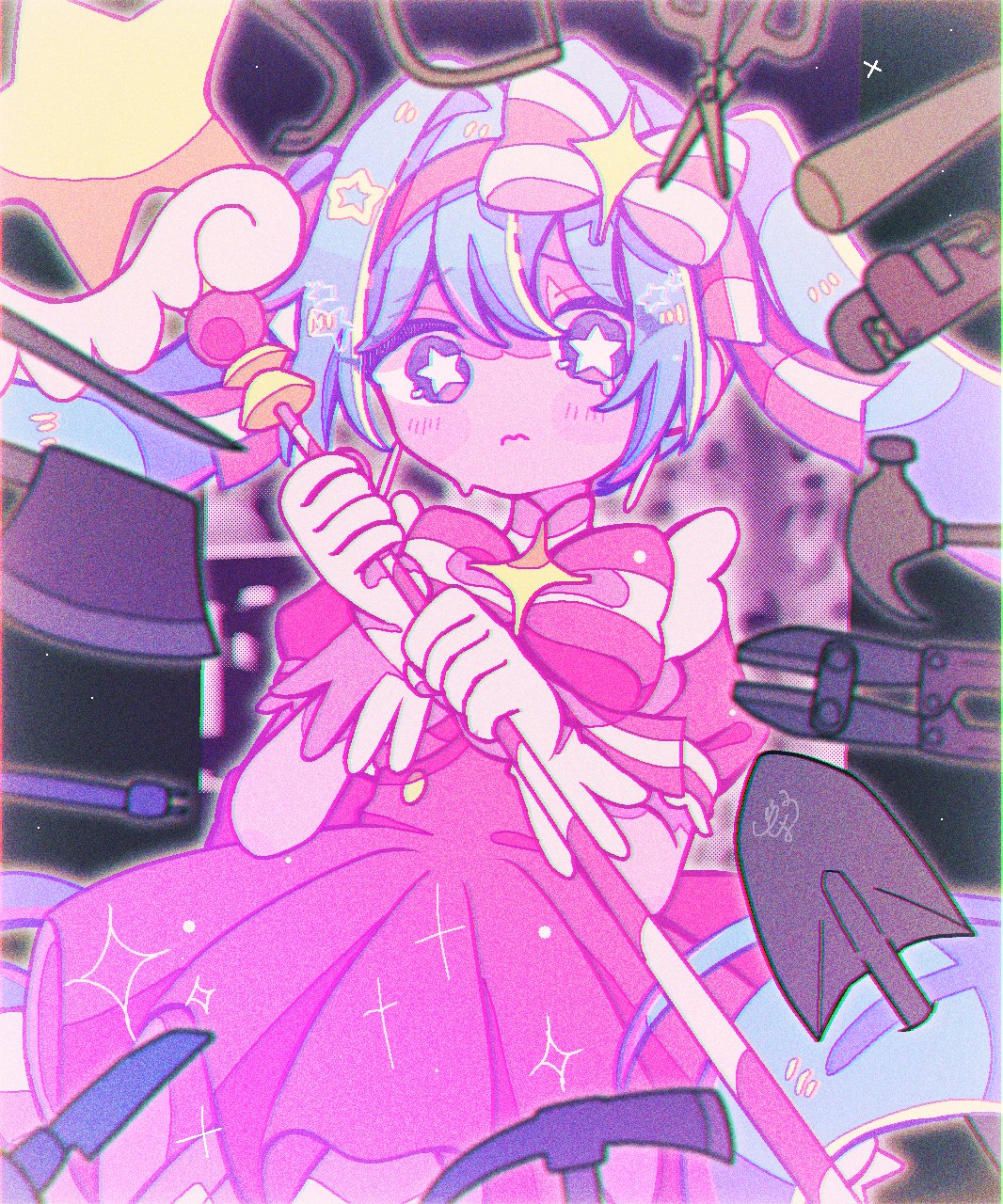 yo (wetpotatosunsun), hatsune miku, vocaloid, commentary, highres, symbol-only commentary, 1girl, 3:, blue hair, bow, bowtie, bright pupils, chromatic aberration, closed mouth, cowboy shot, double-parted bangs, dress, film grain, frilled sleeves, frills, from below, gloves, hair between eyes, hair bow, hair intakes, halftone, halftone background, hands up, holding, holding wand, ima sugu rinne (vocaloid), long hair, looking at viewer, outline, outside border, pillarboxed, pink bow, pink bowtie, pink dress, pink outline, puffy short sleeves, puffy sleeves, purple eyes, raised inner eyebrows, scissors, short sleeves, solo, sparkle, standing, star-shaped pupils, star (symbol), star wand, striped bow, striped bowtie, striped clothes, sweatdrop, symbol-shaped pupils, twintails, two-tone bow, two-tone bowtie, very long hair, wand, white bow, white bowtie, white gloves, white pupils